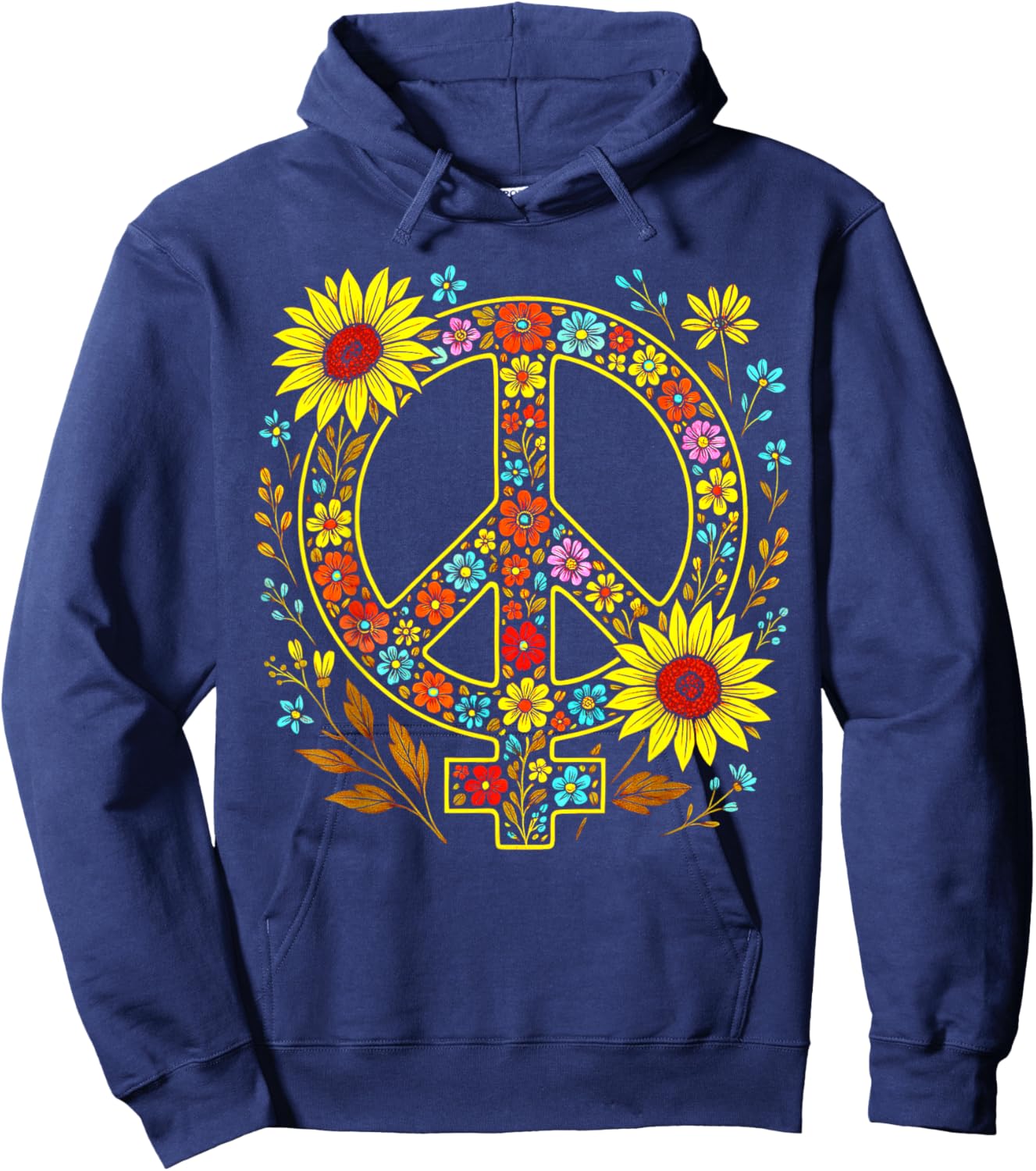 Feminist Peace Symbol Vintage Floral Hippie Women Sunflower Hoodie - Hoodie | Navy