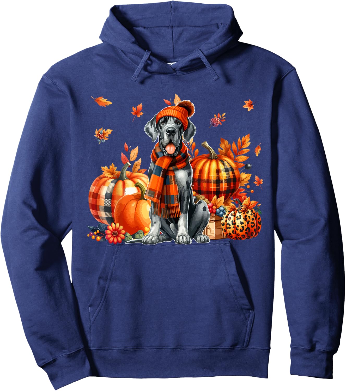 Great Dane Thanksgiving Leopard Pumpkins Fall Leaves Lover Hoodie - Hoodie | Navy