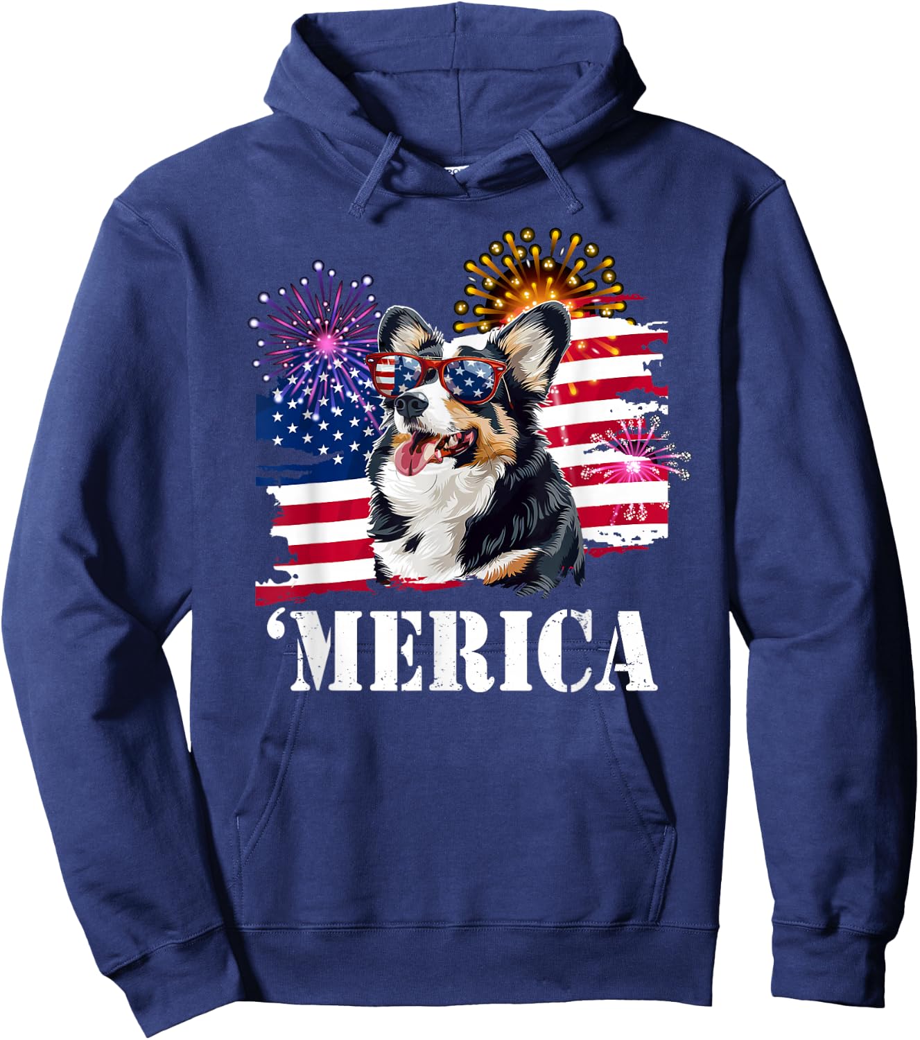 Funny USA Flag 4th 'Merica Black Tricolor Corgi Lover Hoodie - Hoodie | Navy
