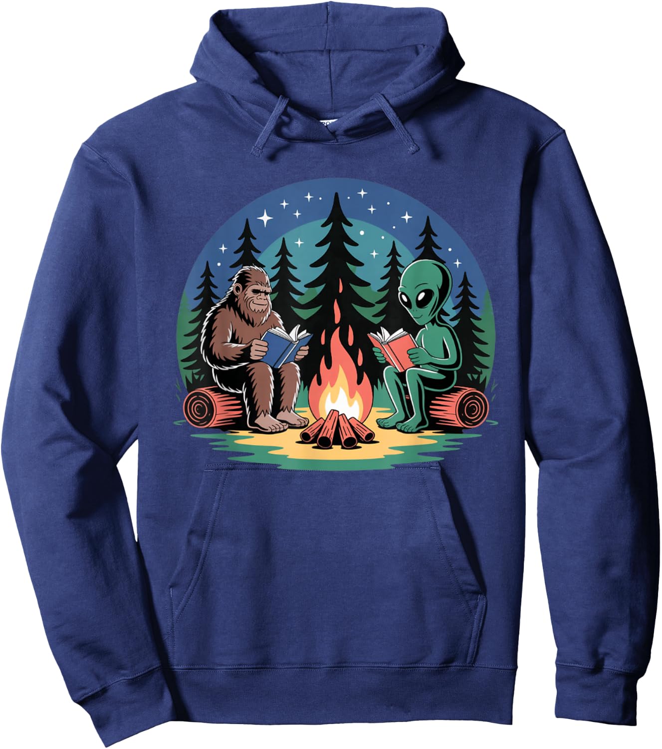 Alien Camping Bigfoot Campfire Reading Peaceful Forest Hoodie - Hoodie | Navy