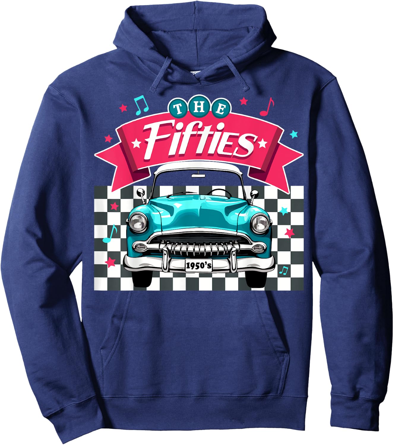 The Fifties 1950s Car Music Checkerboard Rockabilly Sock Hop Hoodie - Hoodie | Navy