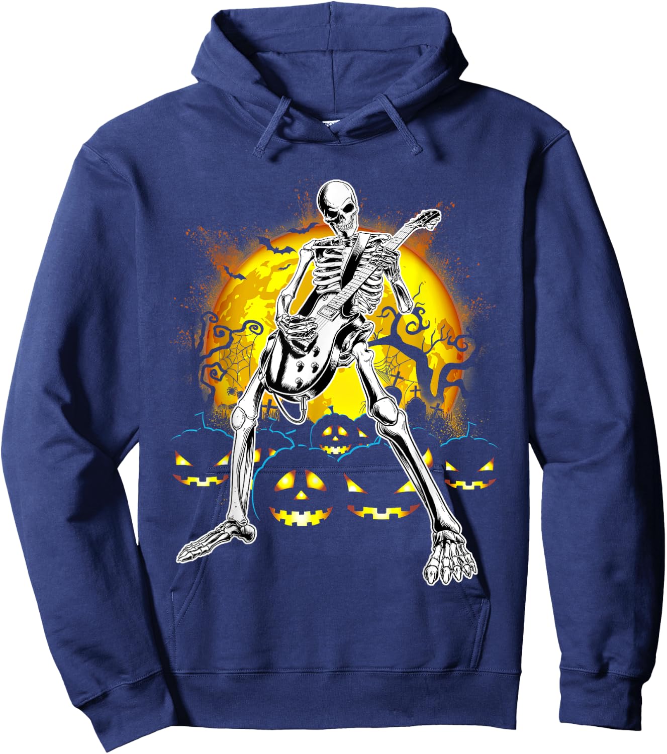 Happy Halloween Funny Skeleton Playing Guitar Pumpkin Vibes Hoodie - Hoodie | Navy