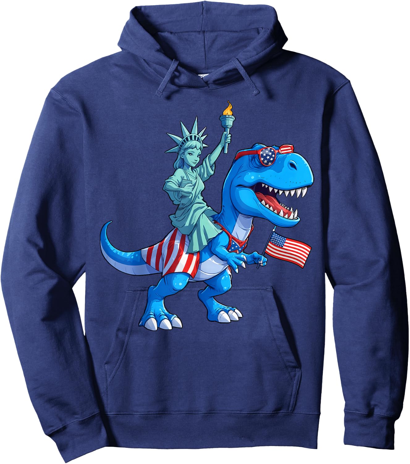 Dino Statue Of Liberty 4th Of July TRex American Flag Boys Hoodie - Hoodie | Navy