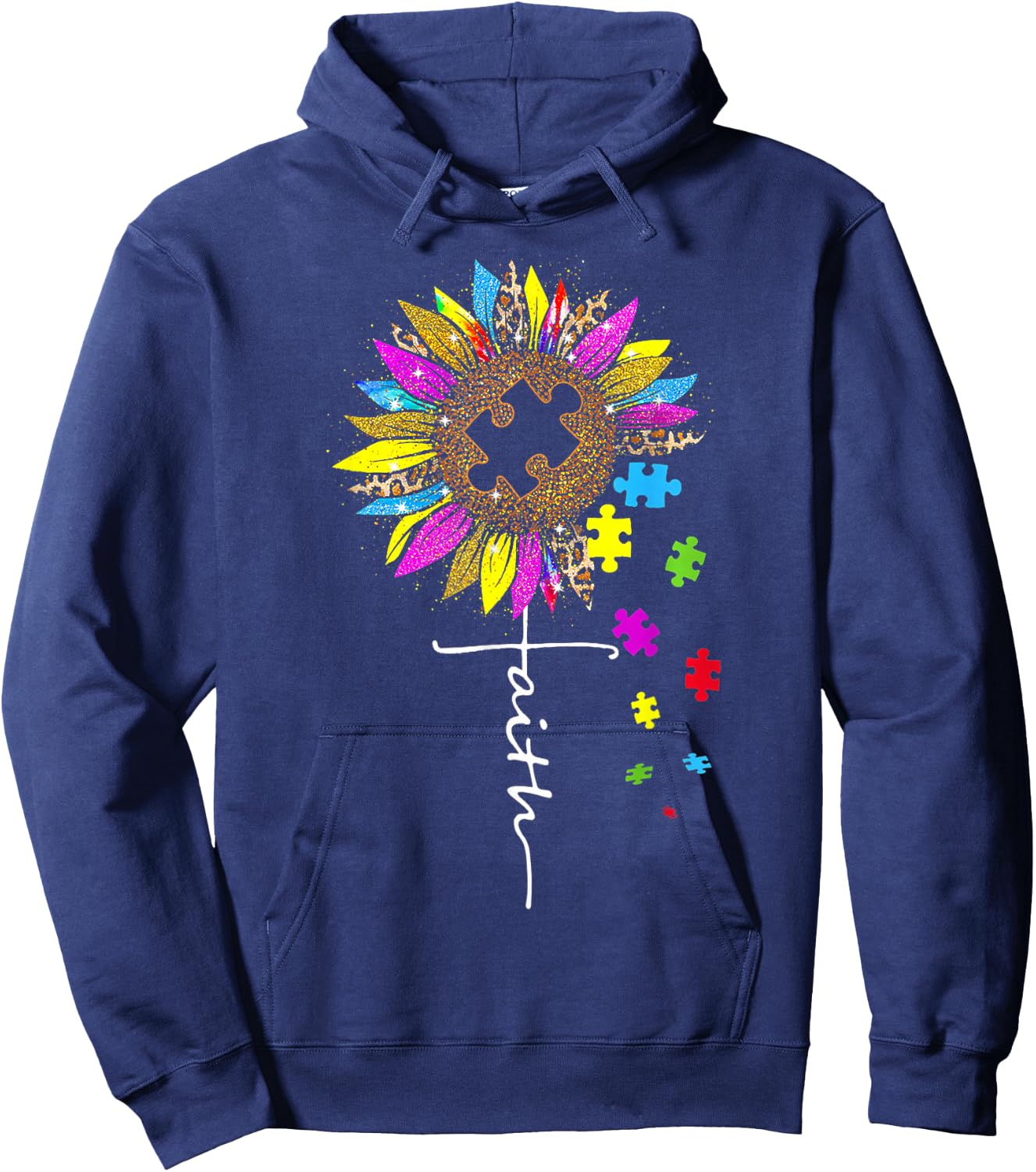 Faith Cross Sunflower Autism Mom Leopard Puzzle Pieces Hoodie - Hoodie | Navy