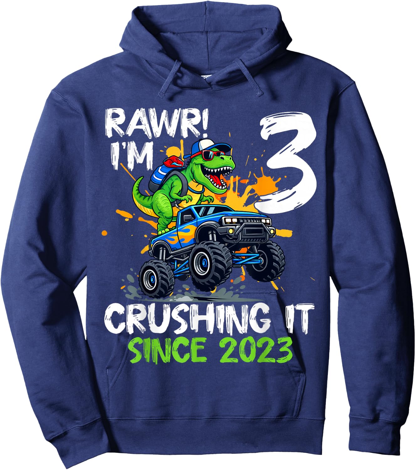 I'm 3 Crushing It Since 2023 Kids 3rd Birthday Monster Truck Hoodie - Hoodie | Navy