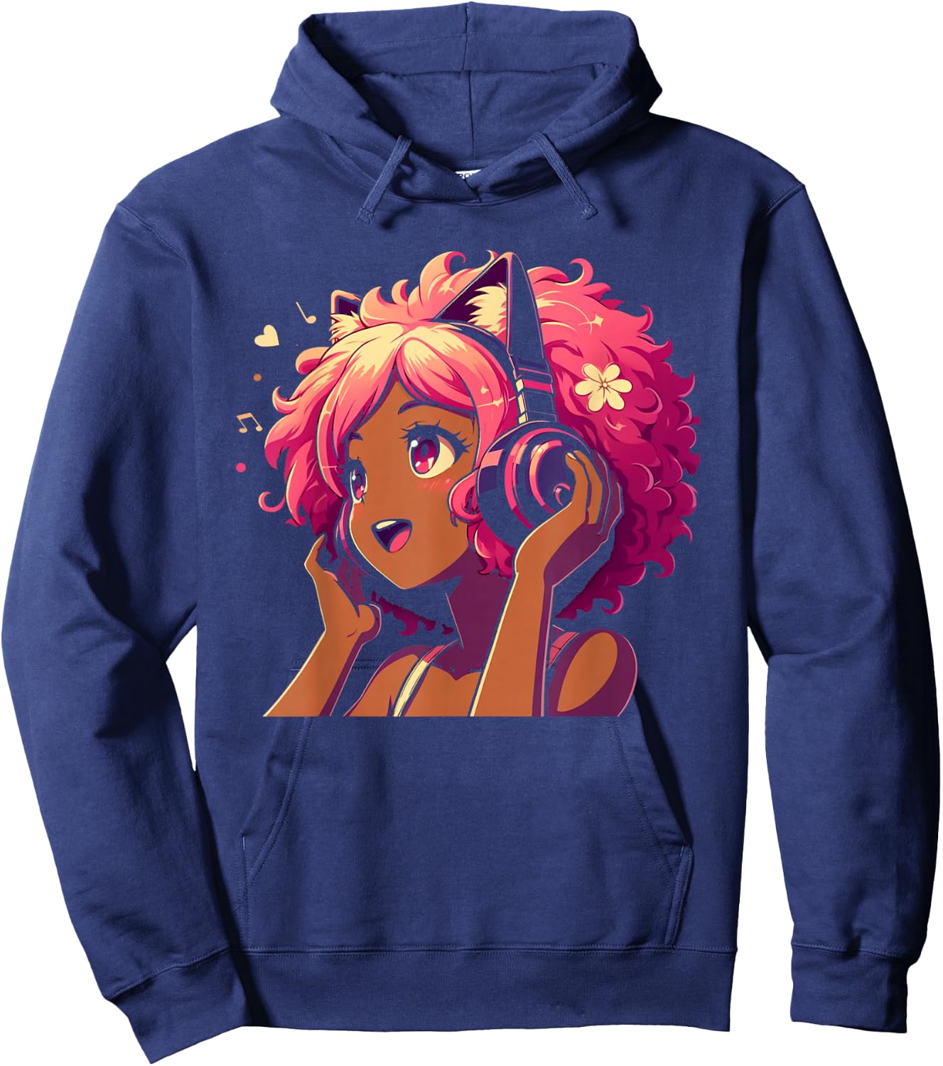 Anime and Music Black Girl Anime Merch Afro African American Hoodie - Hoodie | Navy