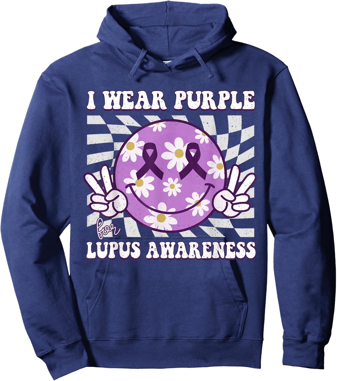 Retro Lupus Awareness Smile Hippie Checkered Purple Ribbon Hoodie - Hoodie | Navy