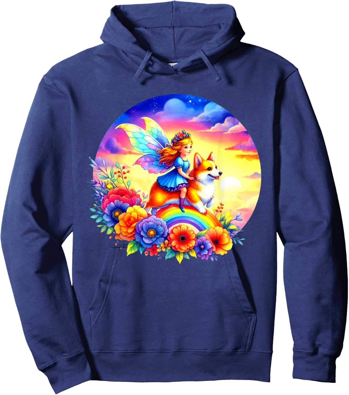 Fairy Riding Corgi Dog Rainbow Flowers Corgi Dog Lovers Art Hoodie - Hoodie | Navy