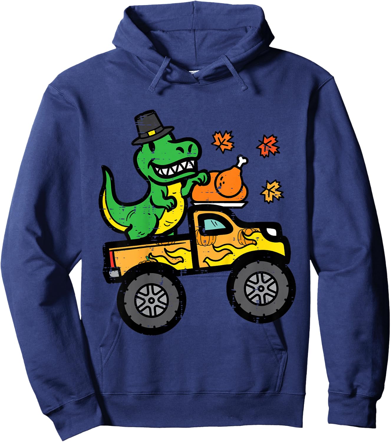 Kids Thanksgiving Dino Monster Truck Fall Trex Toddler Boys Kids Hoodie - Hoodie | Navy