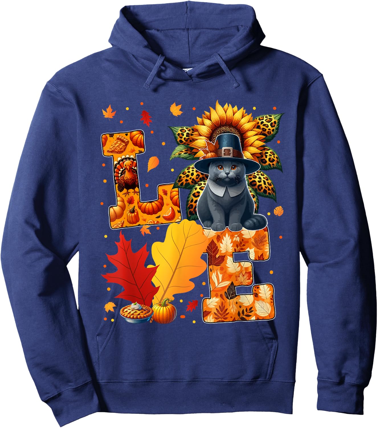 LOVE Thanksgiving Russian Blue Cat Costume Fall Leaves Women Kids Hoodie - Hoodie | Navy