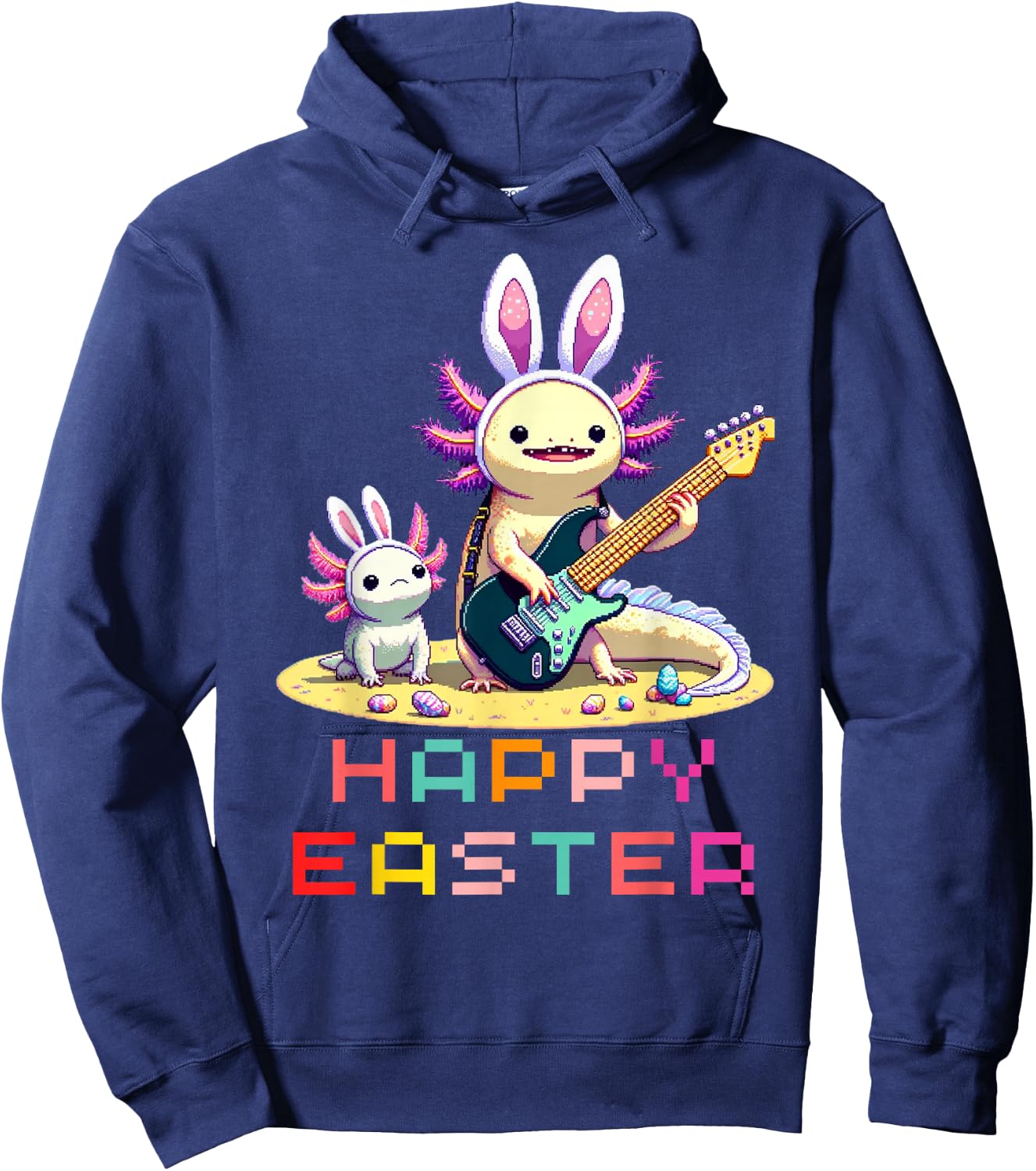 Axolotl Happy Easter EggsRetro Vintage Pixel Art Rock Guitar Hoodie - Hoodie | Navy