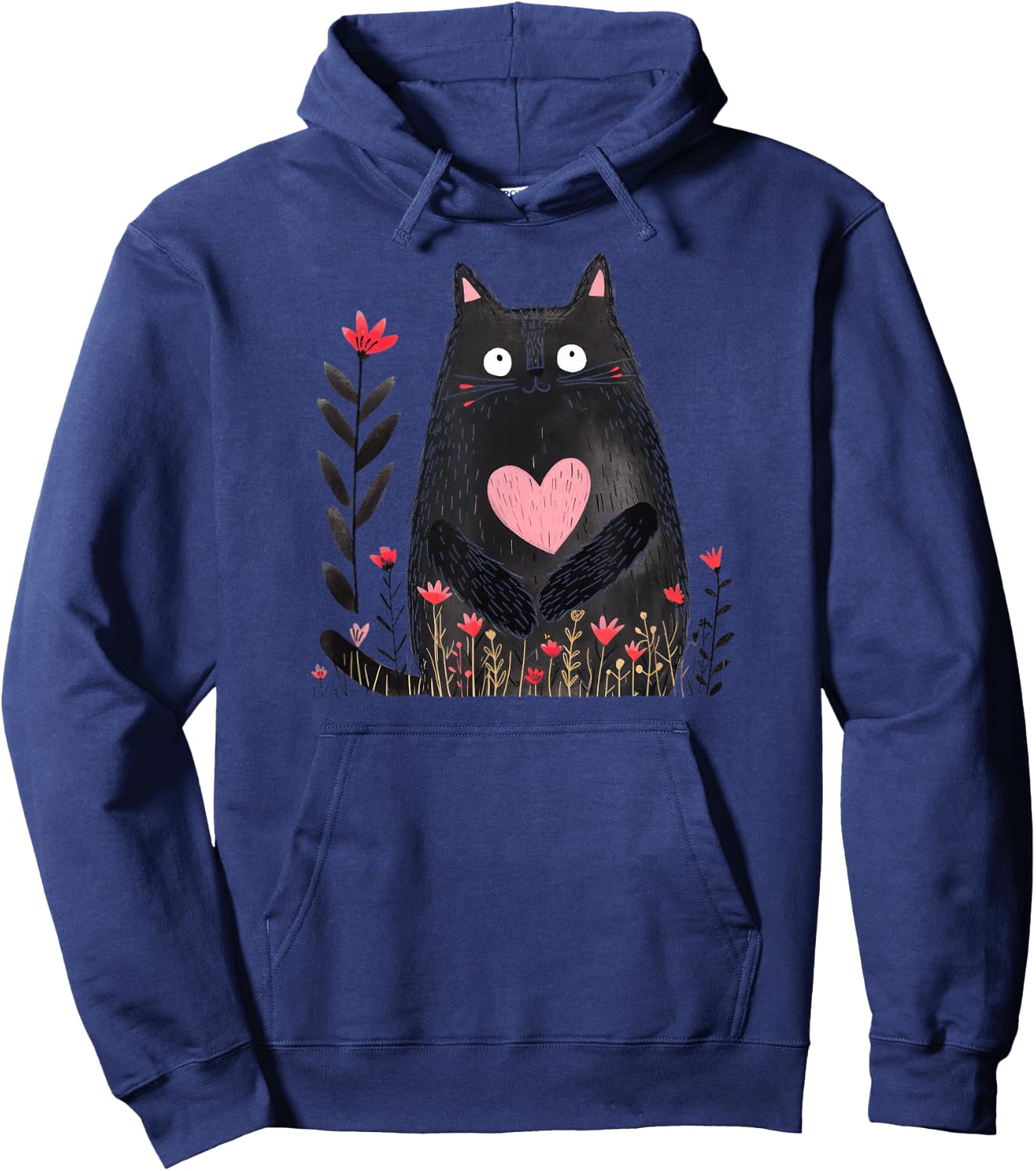 Cute Black Cat Heart Flowers Love Valentine Pink Red Top Women Kids Hoodie - Hoodie | Navy