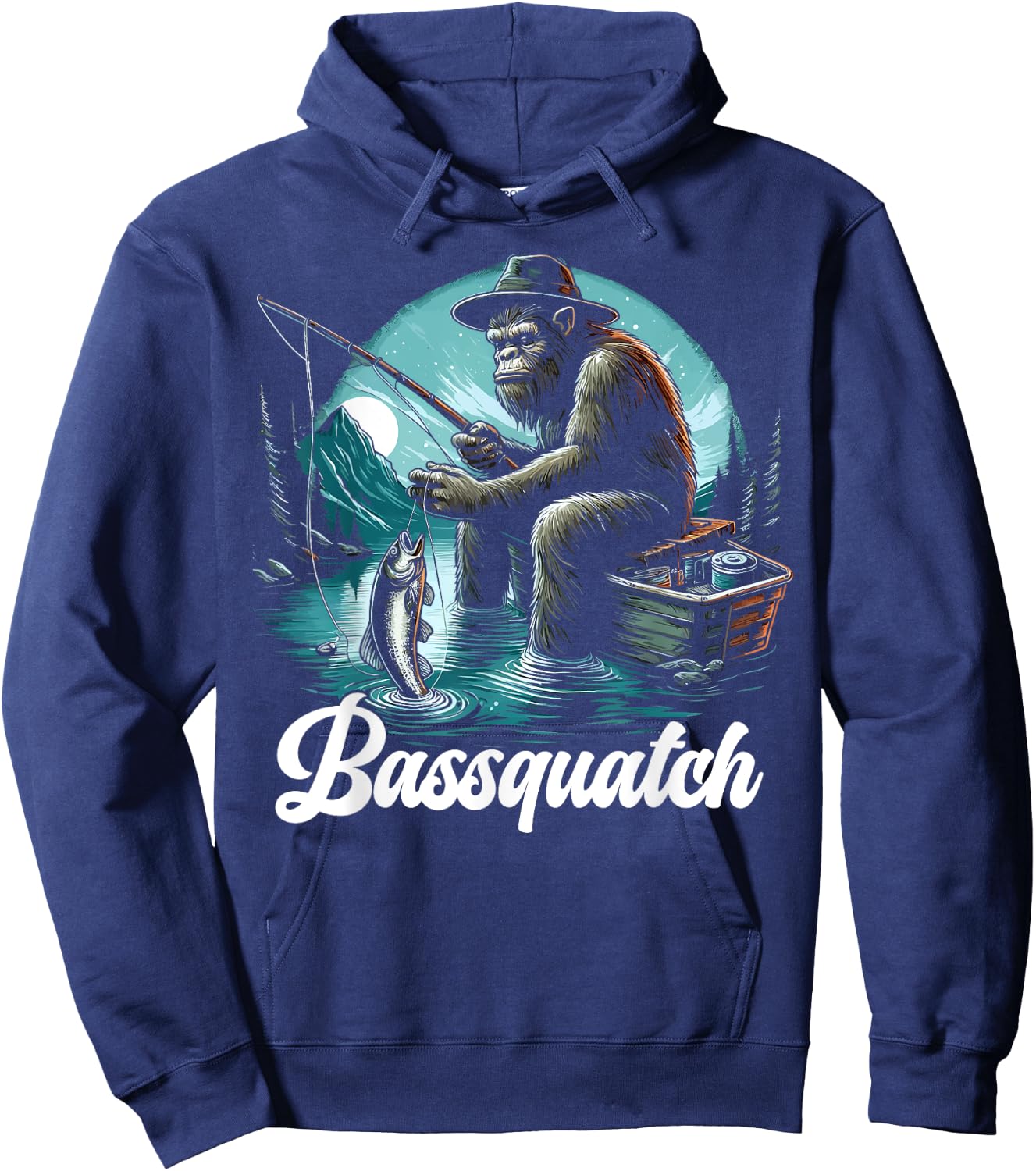 Bassquatch! Funny Bass Fishing Sasquatch Retro 80s Fisherman Hoodie - Hoodie | Navy
