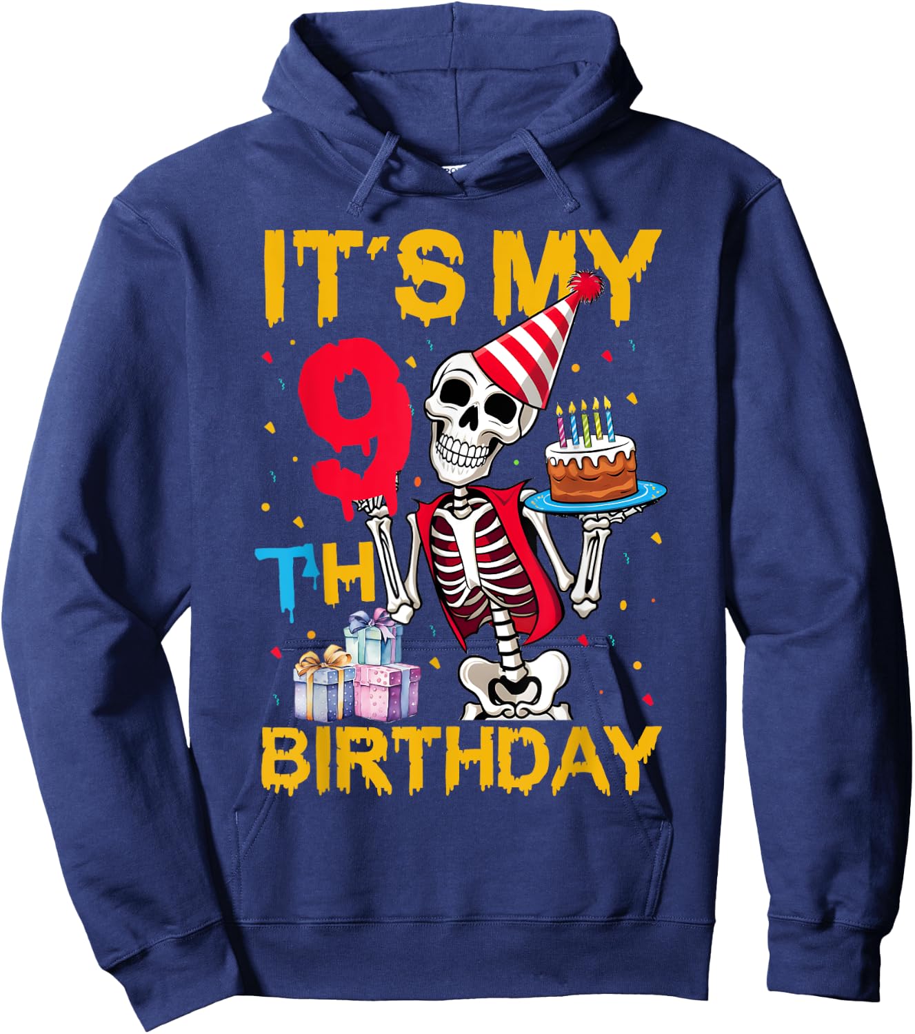 It's My 9th Birthday Party Halloween Skeleton Birthday Hoodie - Hoodie | Navy