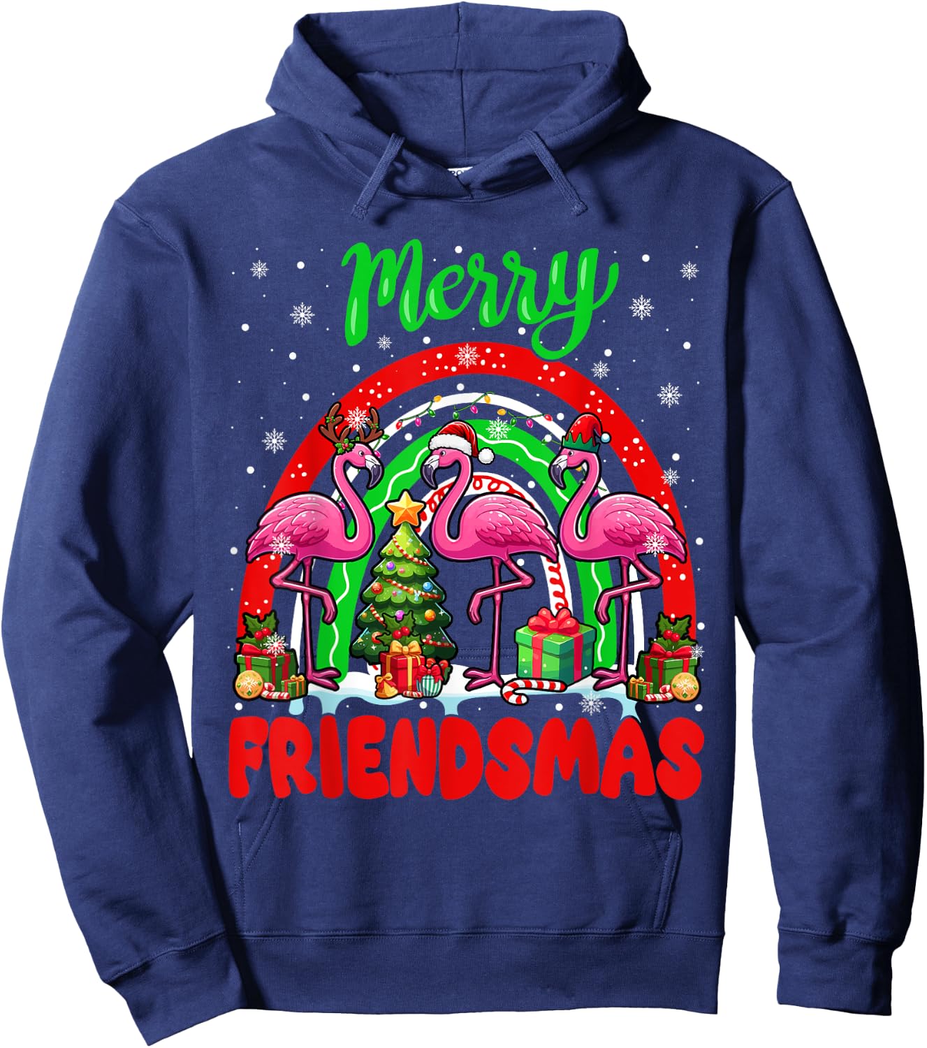 Merry Christmas Friends Three Santa Flamingos Rainbow Hoodie - Hoodie | Navy