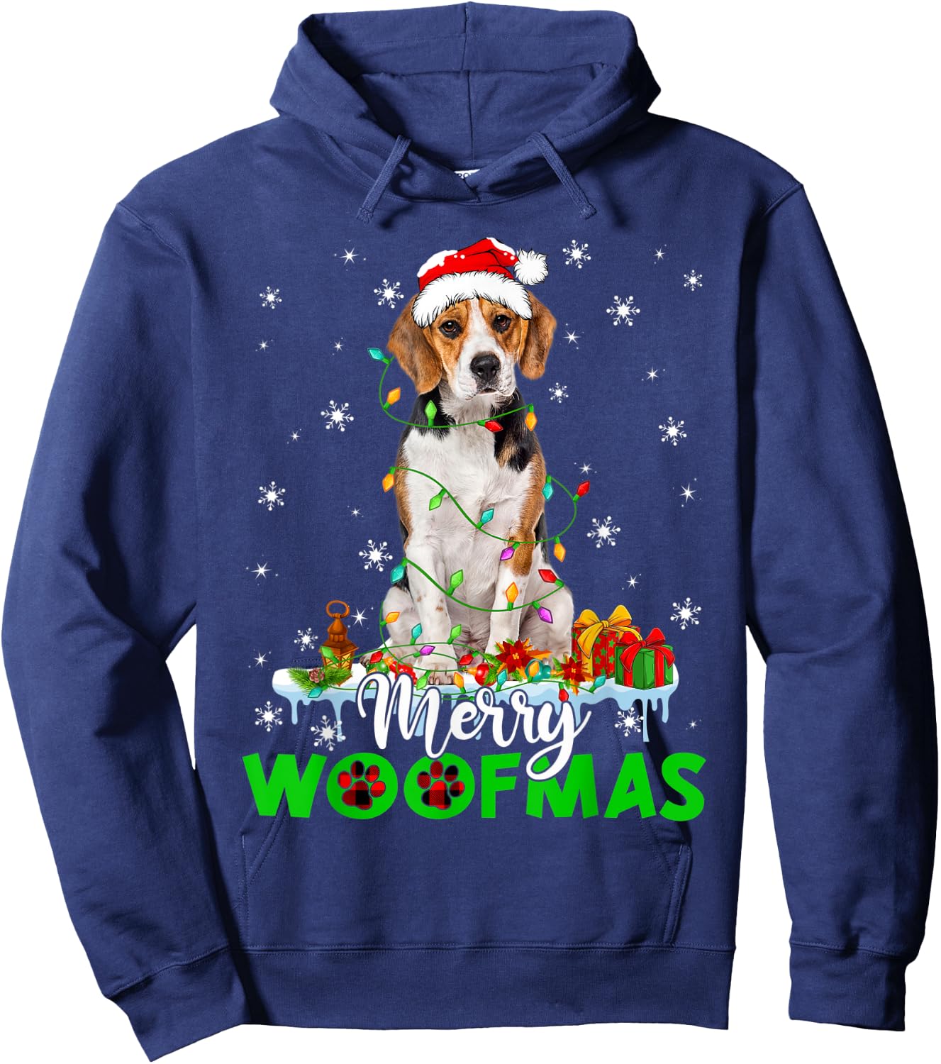 Beagle Dog Merry Woofmas Funny Xmas Lights Santa Hat Hoodie - Hoodie | Navy