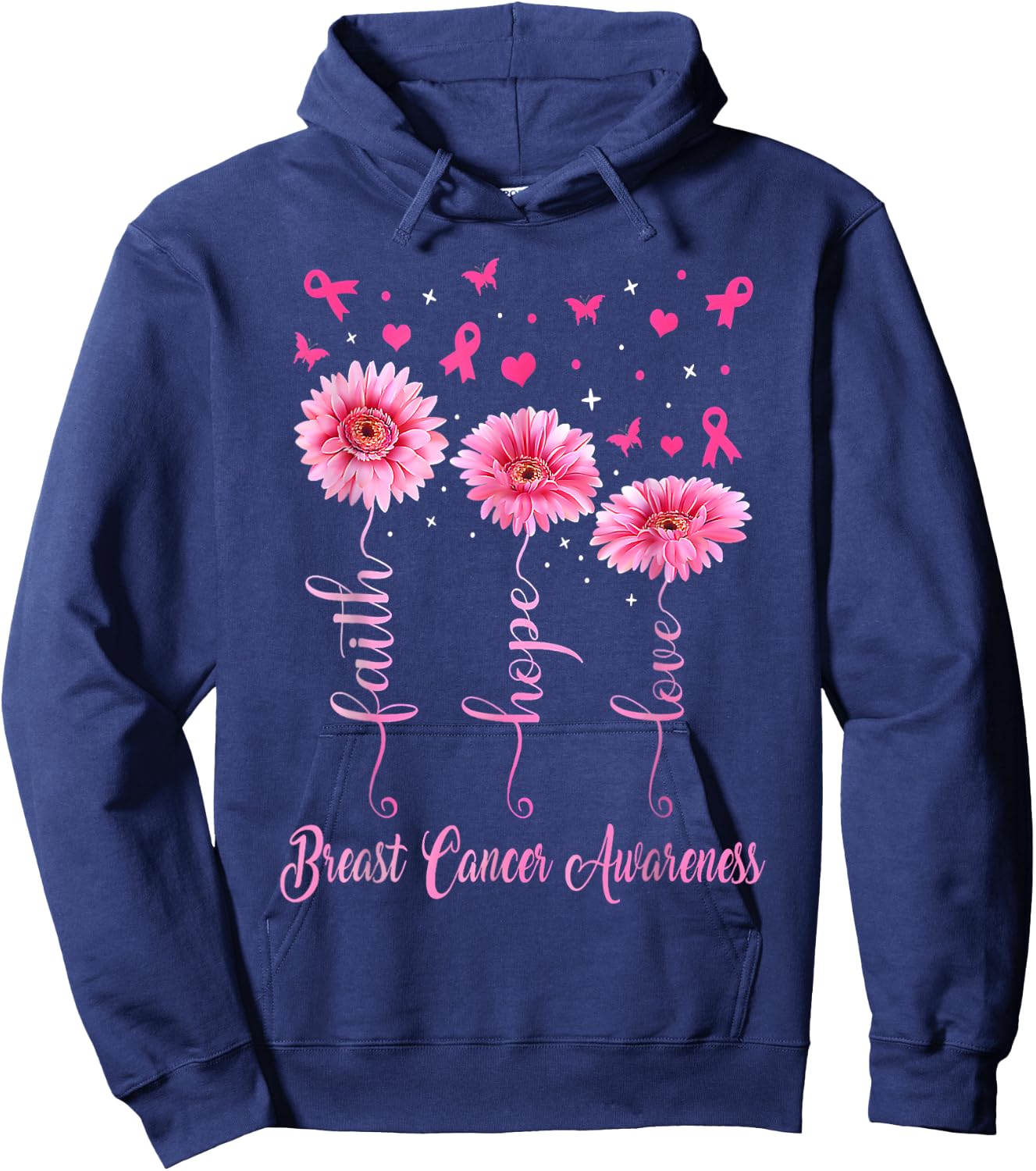 Faith Hope Love Pink Ribbon Daisy Breast Cancer Awareness Hoodie - Hoodie | Navy