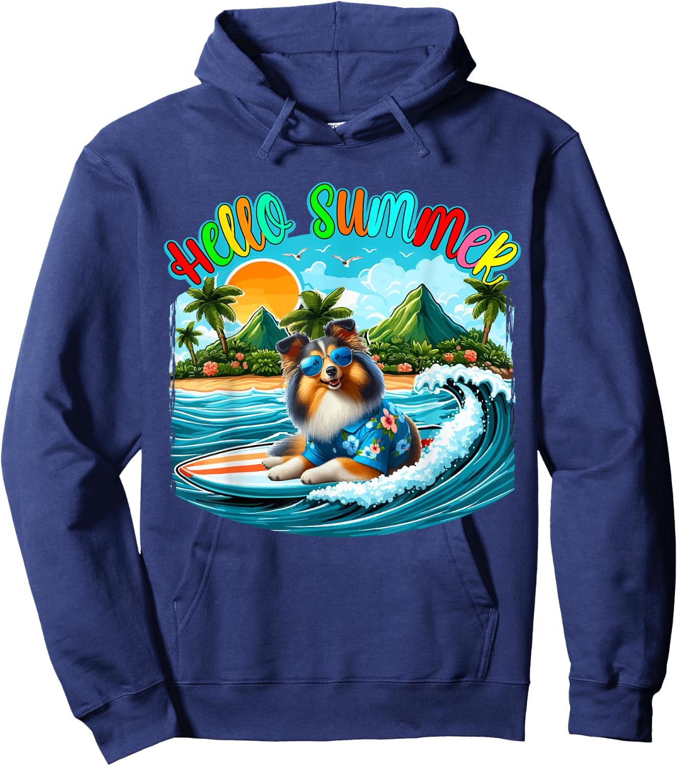 Summer Costume Sheltie Sunglasses Surfing On Beach Surfer Women Kids Hoodie - Hoodie | Navy