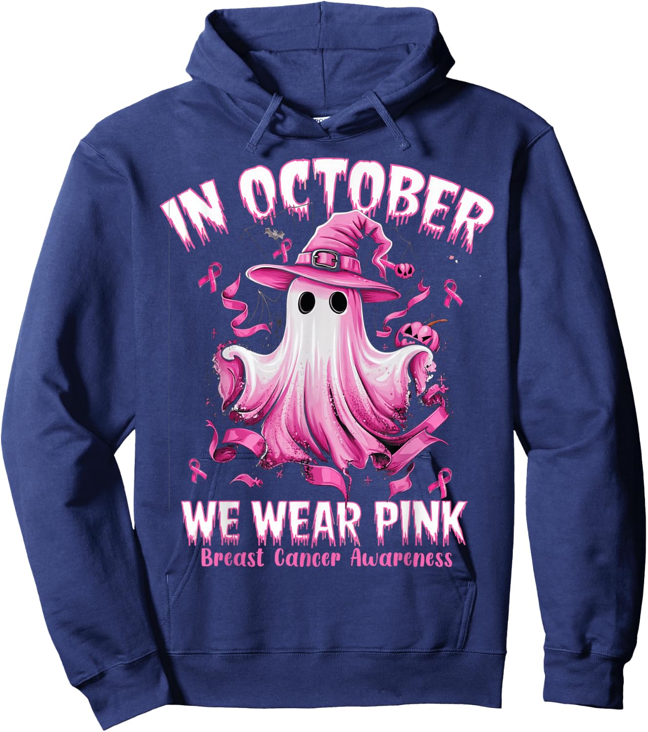 In October We Wear Pink Ghost Witch Breast Cancer Awareness Hoodie - Hoodie | Navy