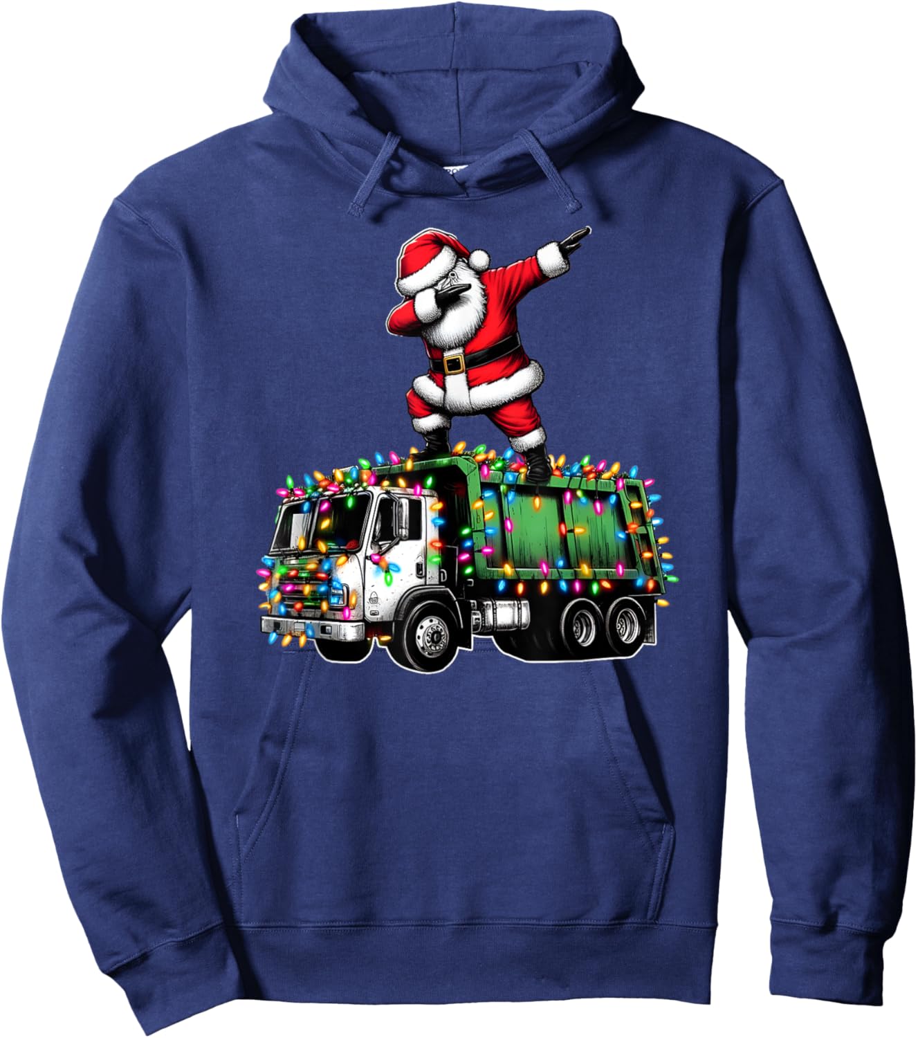 Dabbing Santa Garbage Truck Funny Christmas Lights Graphic Hoodie - Hoodie | Navy