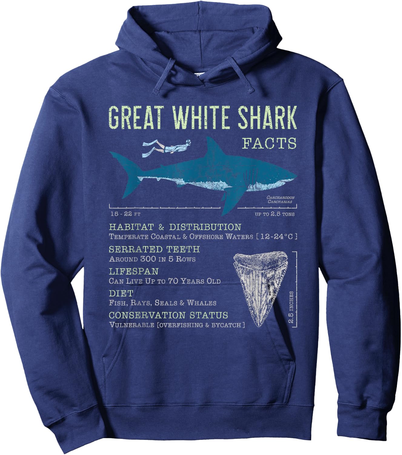 Great White Shark Facts Educational Shark Lover Sharks Tooth Hoodie - Hoodie | Navy