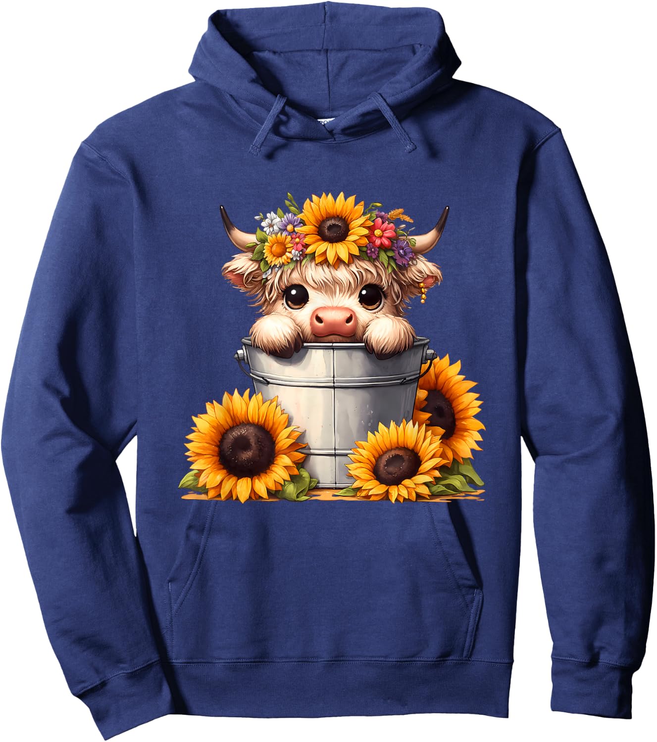 Cute Baby Highland Cow with Sunflowers in Bucket, Calf Hoodie - Hoodie | Navy