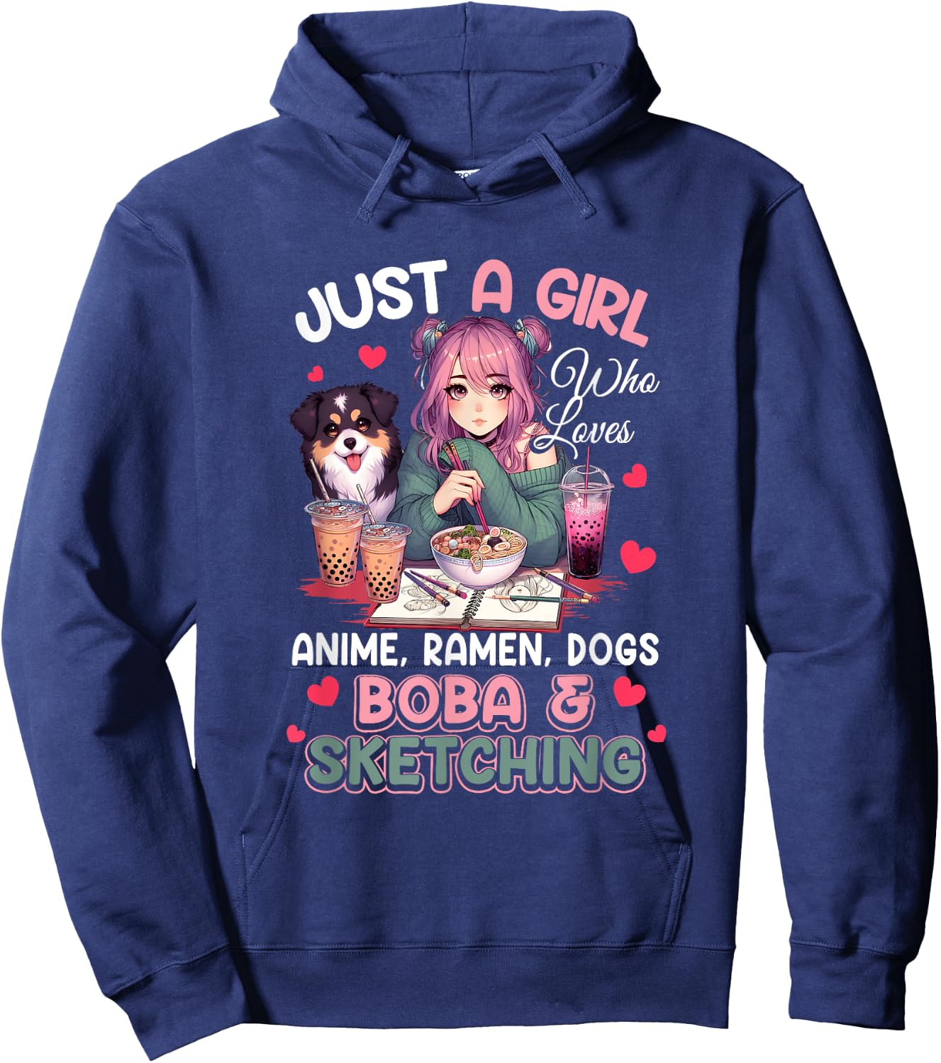 Just Girl Who Loves Anime Ramen Dogs Boba Sketching Japan Hoodie - Hoodie | Navy