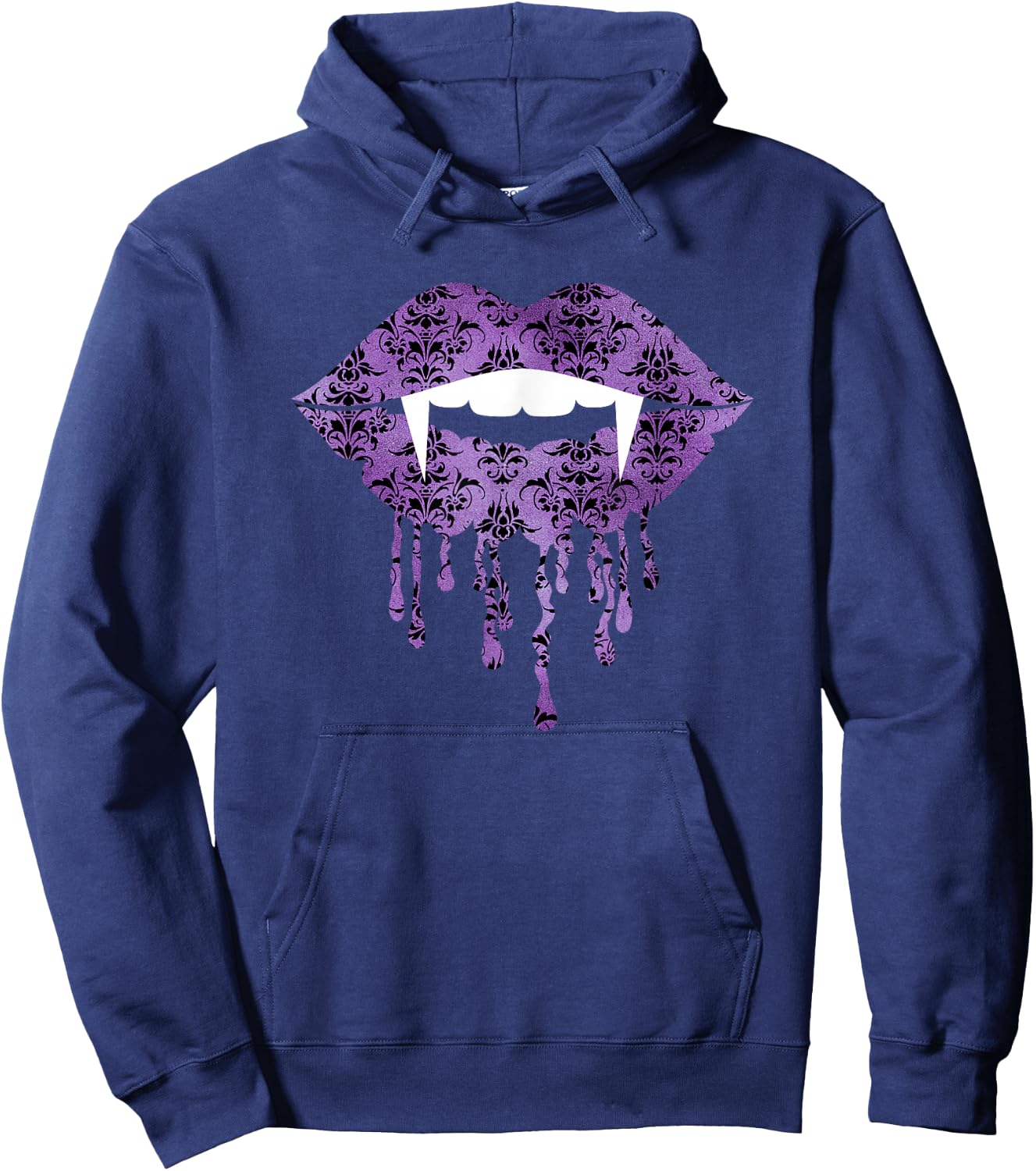 Purple Damask - Vampire Fangs Drip Lips Gothic Halloween Hoodie - Hoodie | Navy