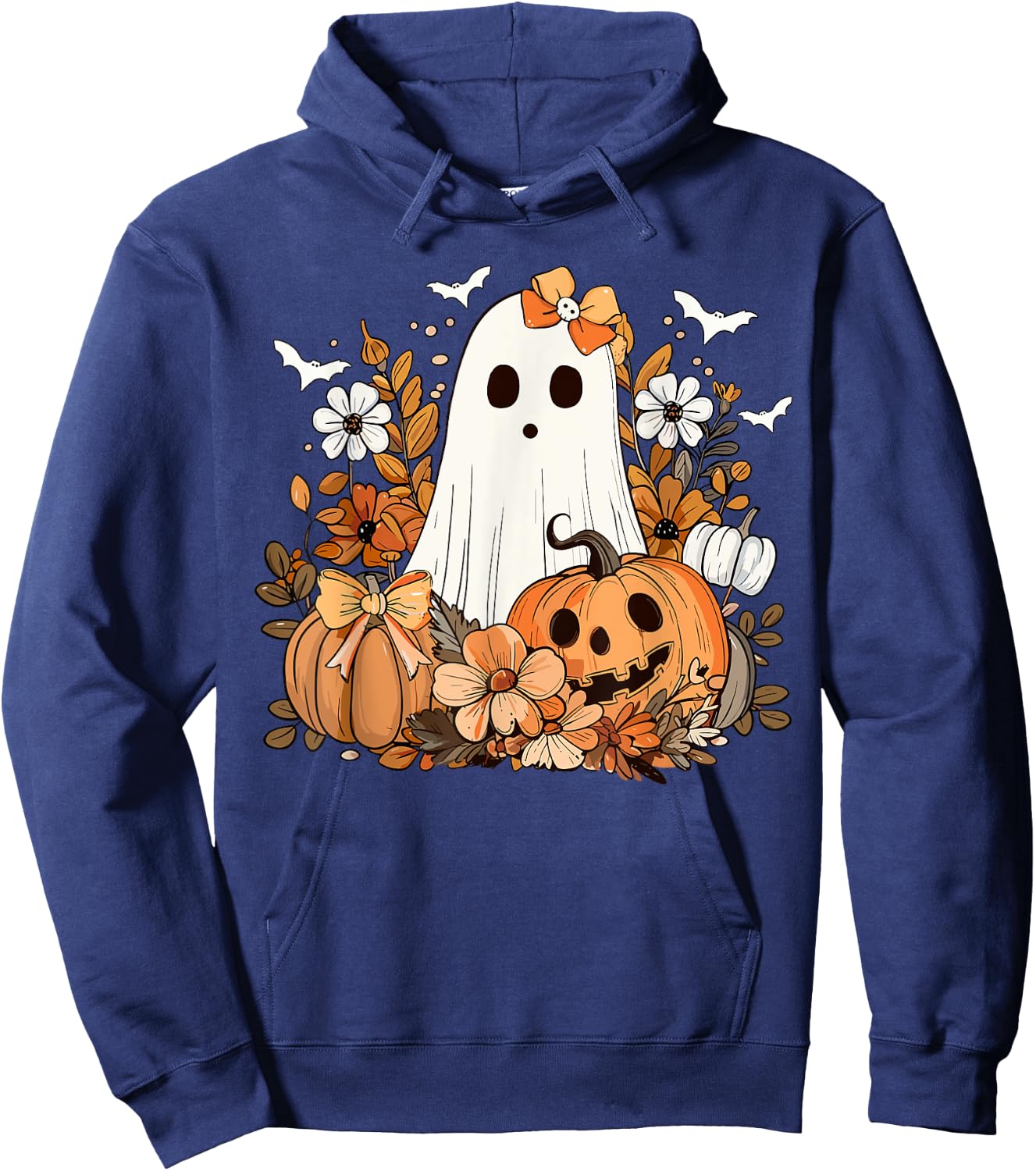 Retro Floral Ghost Cute Pumpkin Autumn Halloween Women Kids Hoodie - Hoodie | Navy