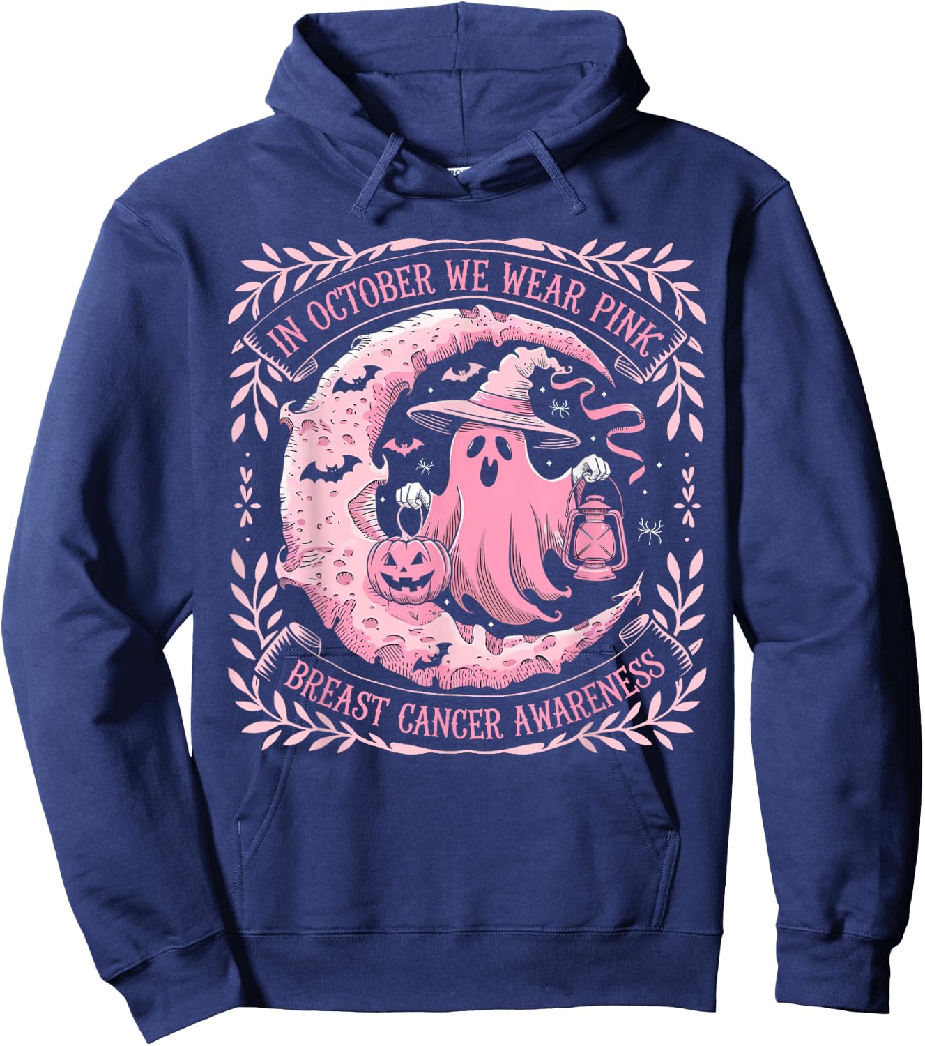 October We Wear Pink Ghost Halloween Pumpkins Breast Cancer Hoodie - Hoodie | Navy