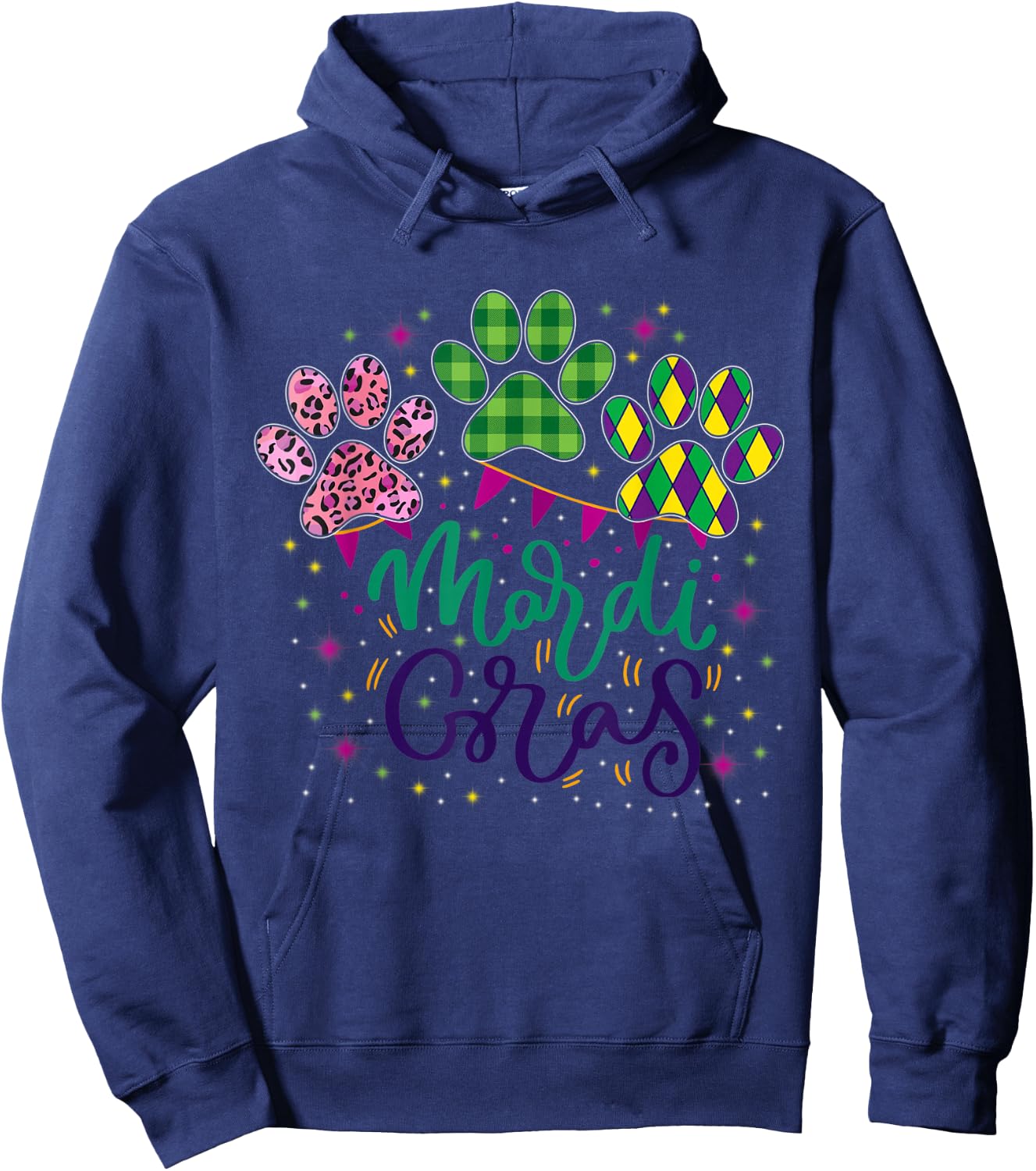 Leopard Print And Buffalo Plaid Dog Paw Mardi Gras Beads Men Women Hoodie - Hoodie | Navy