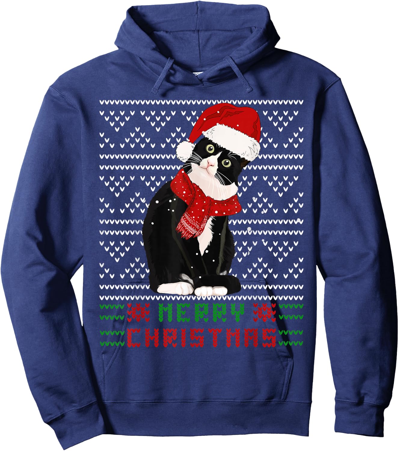 Ugly Christmas Black Cat Santa Hat Scarf Cute Tuxedo Cat Men Women Kids Hoodie - Hoodie | Navy