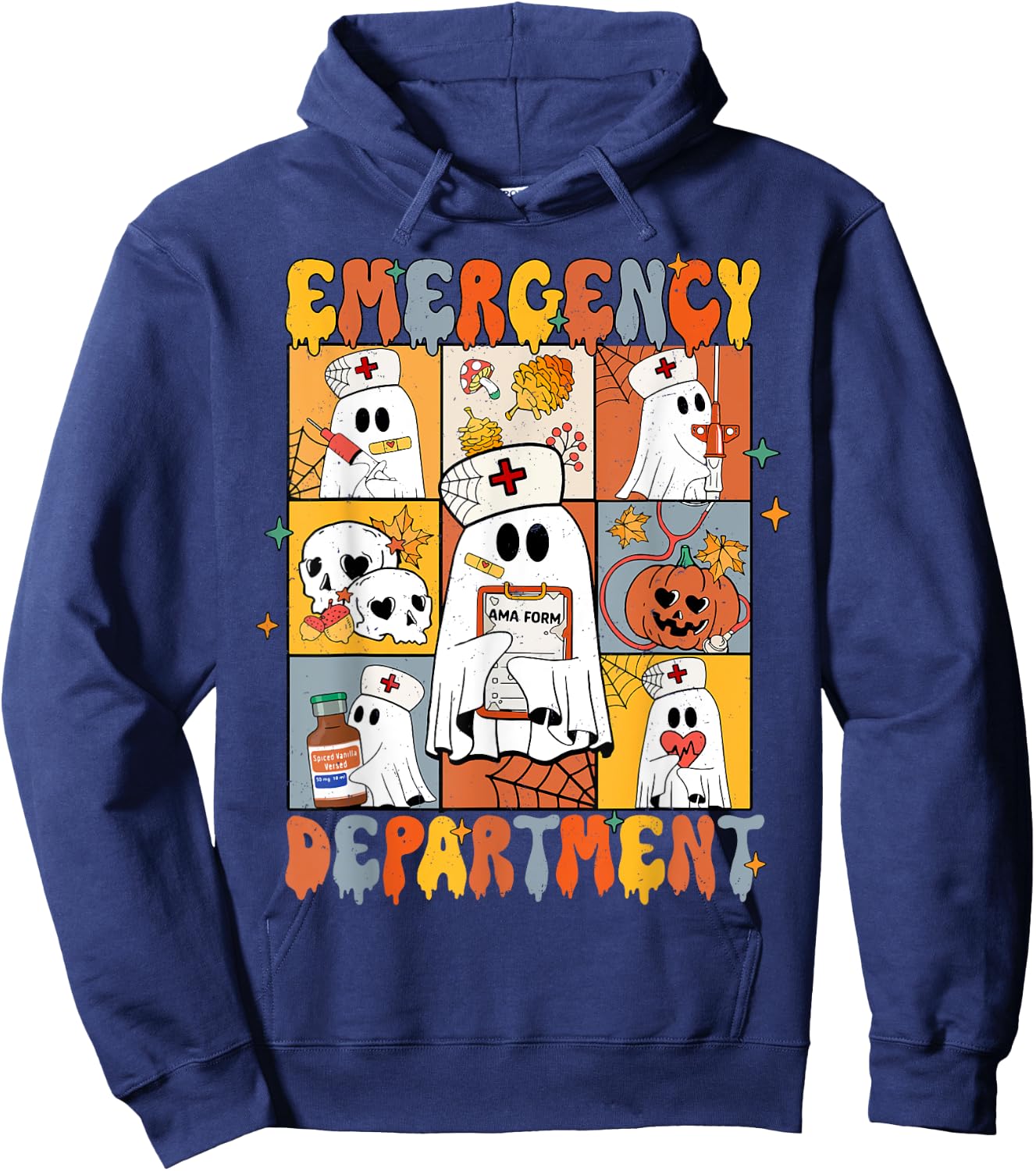 Emergency Department Halloween Cute Pumpkin Ghost ER Nurse Hoodie - Hoodie | Navy