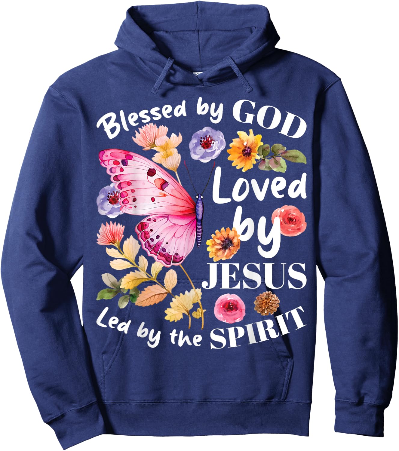 Christian Blessed by God Loved by Jesus Floral Butterfly Hoodie - Hoodie | Navy
