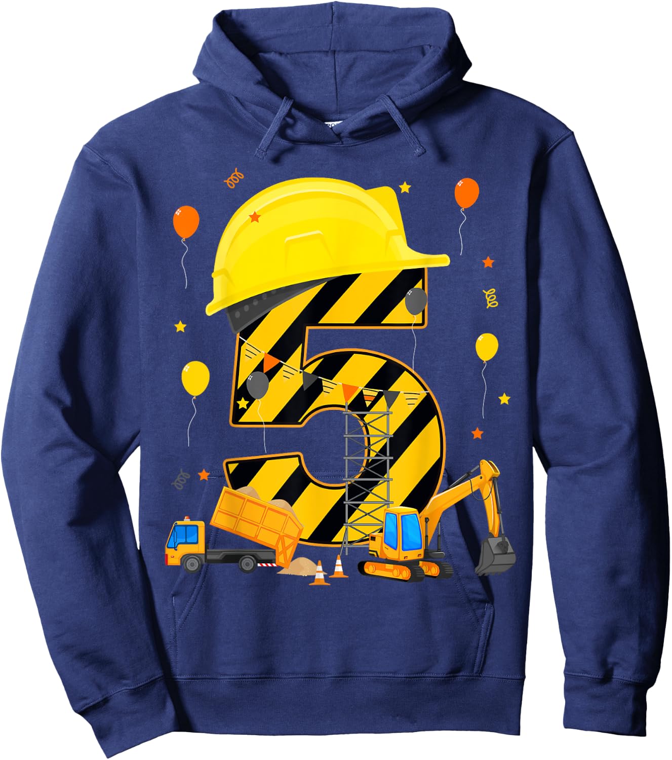 Five 5yr 5th Birthday Construction Vehicles 5 Year Old Hoodie - Hoodie | Navy