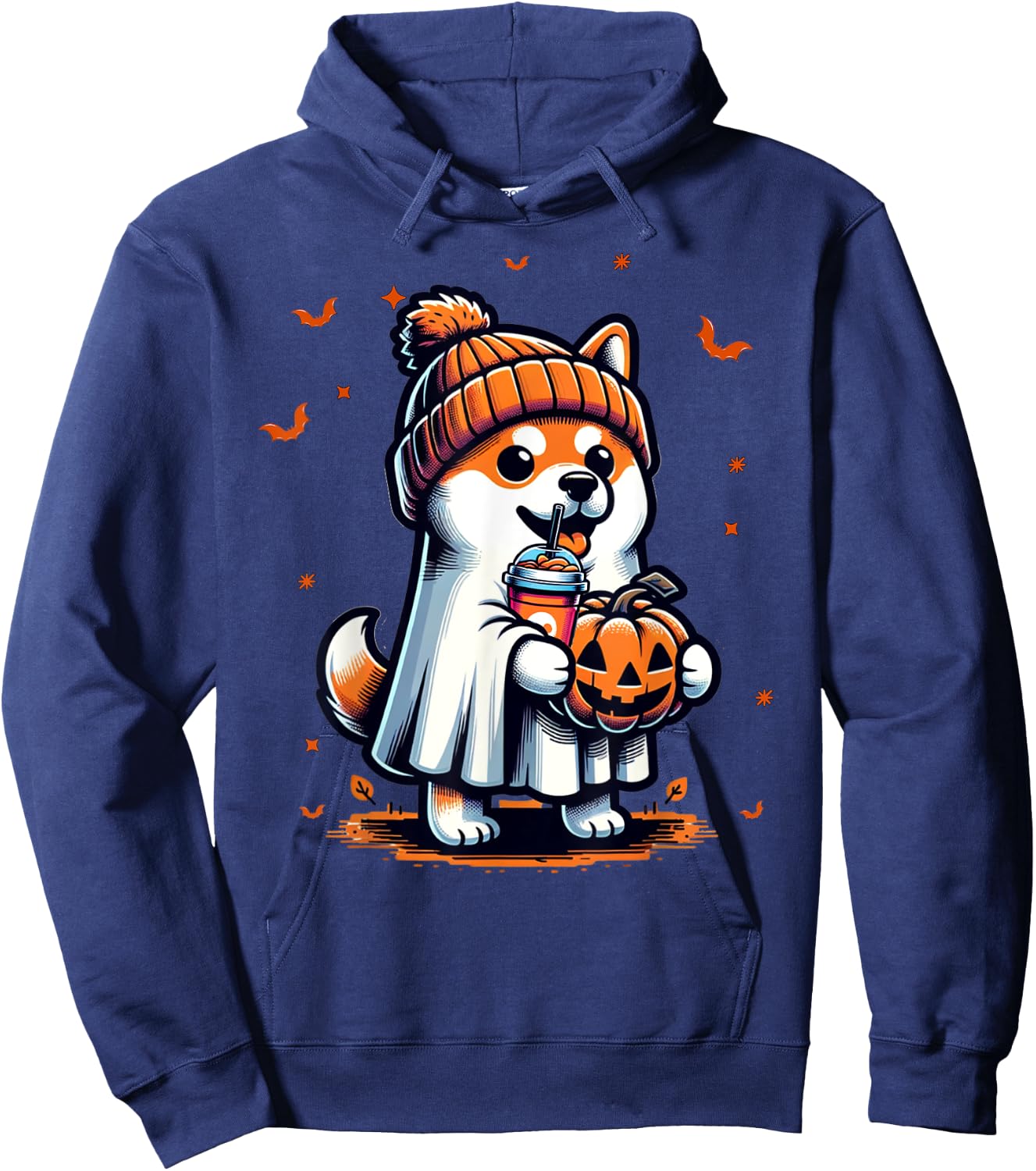 Ghost Shiba Inu Dog Pumpkin Drinks Beanie Fall Halloween Women Kids Hoodie - Hoodie | Navy