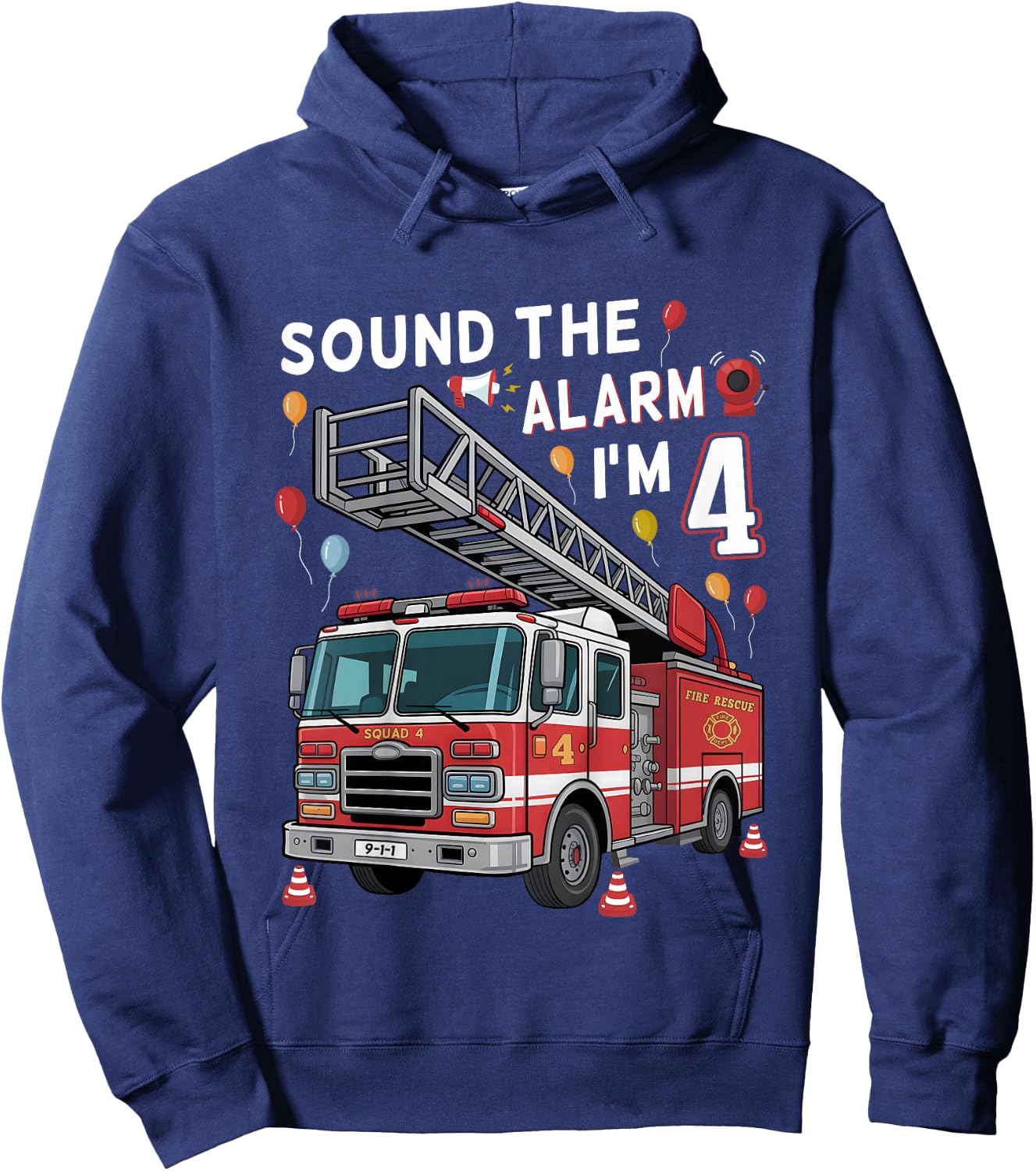 4th Birthday Boy Fire Truck 4 Year Old Boy Girl Firefighter Hoodie - Hoodie | Navy
