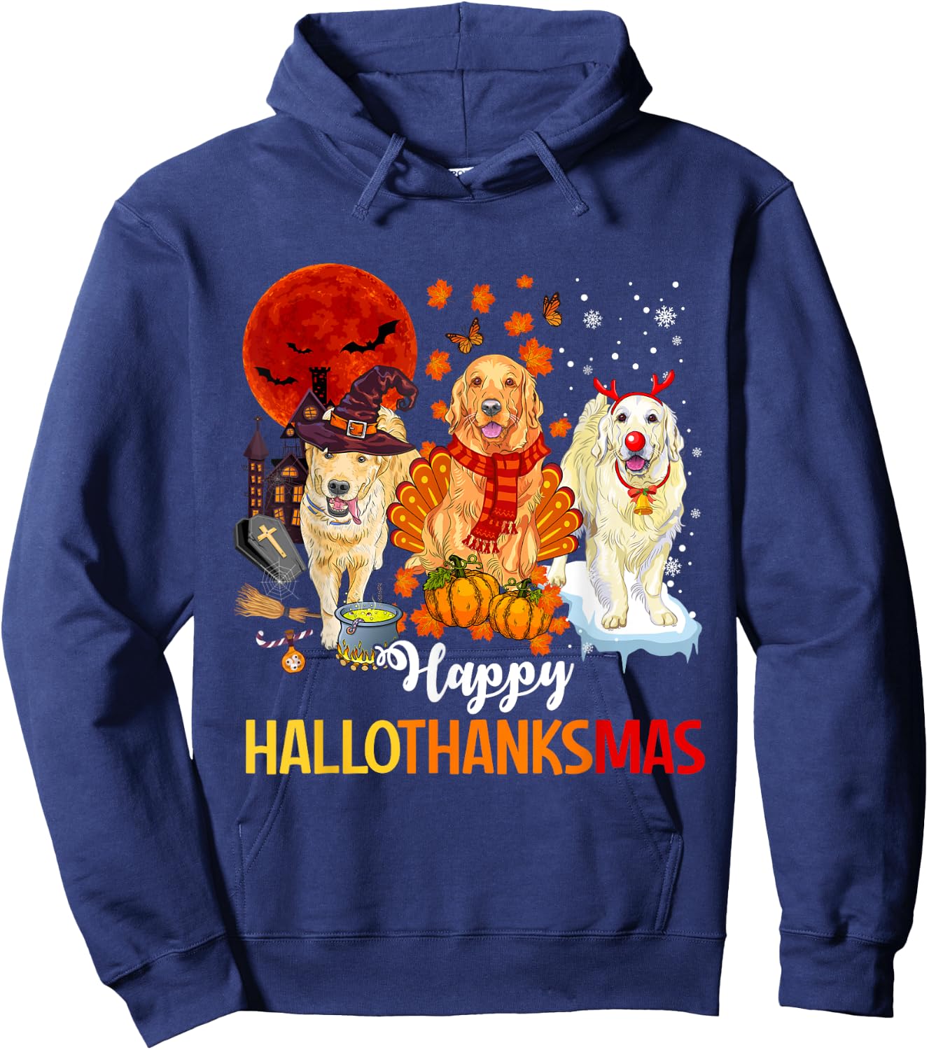 Golden Retriever Happy Hallothanksmas Halloween Thanksgiving Hoodie - Hoodie | Navy