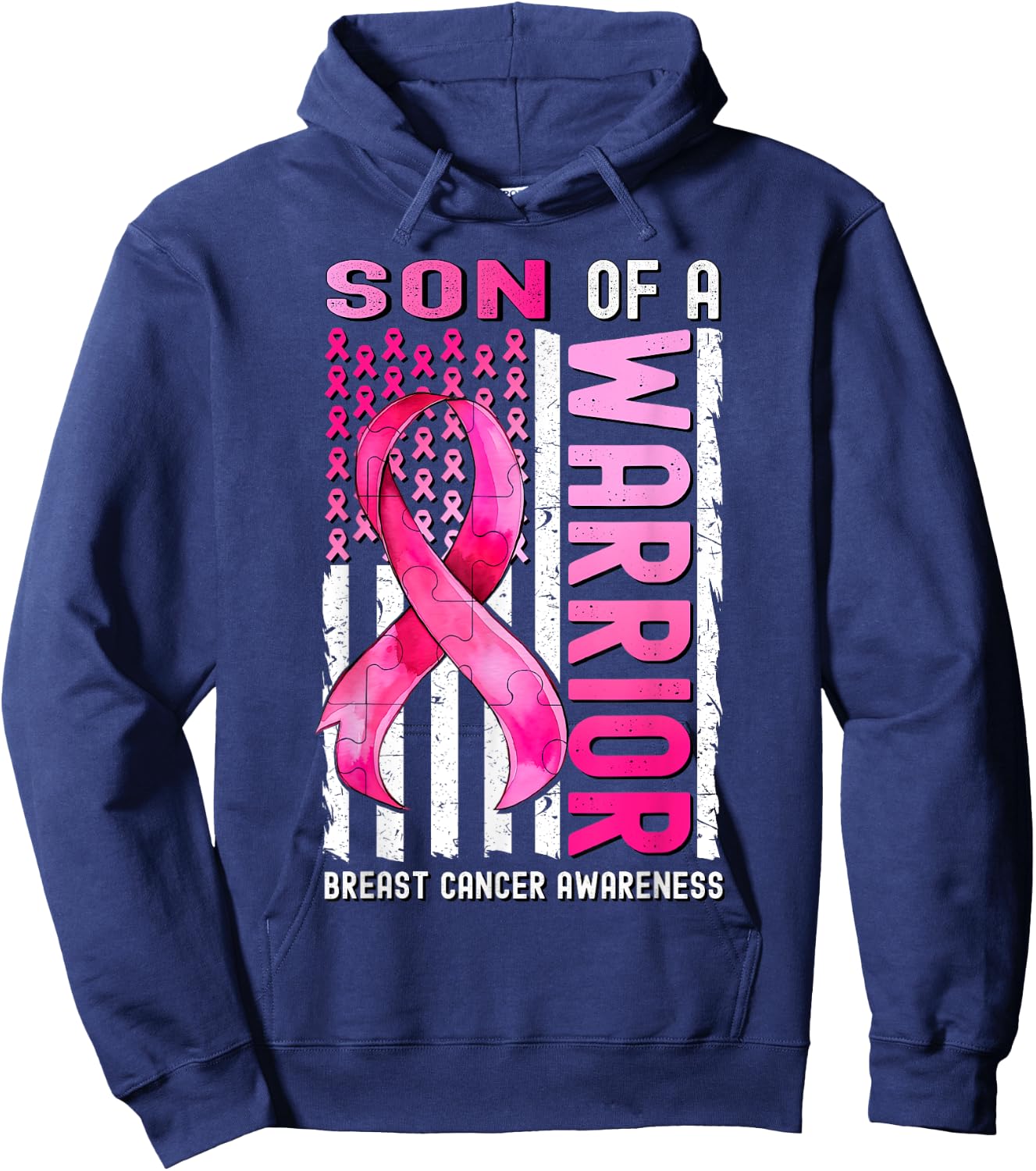Son Of A Warrior Breast Cancer USA Flag Awareness Pink Hoodie - Hoodie | Navy
