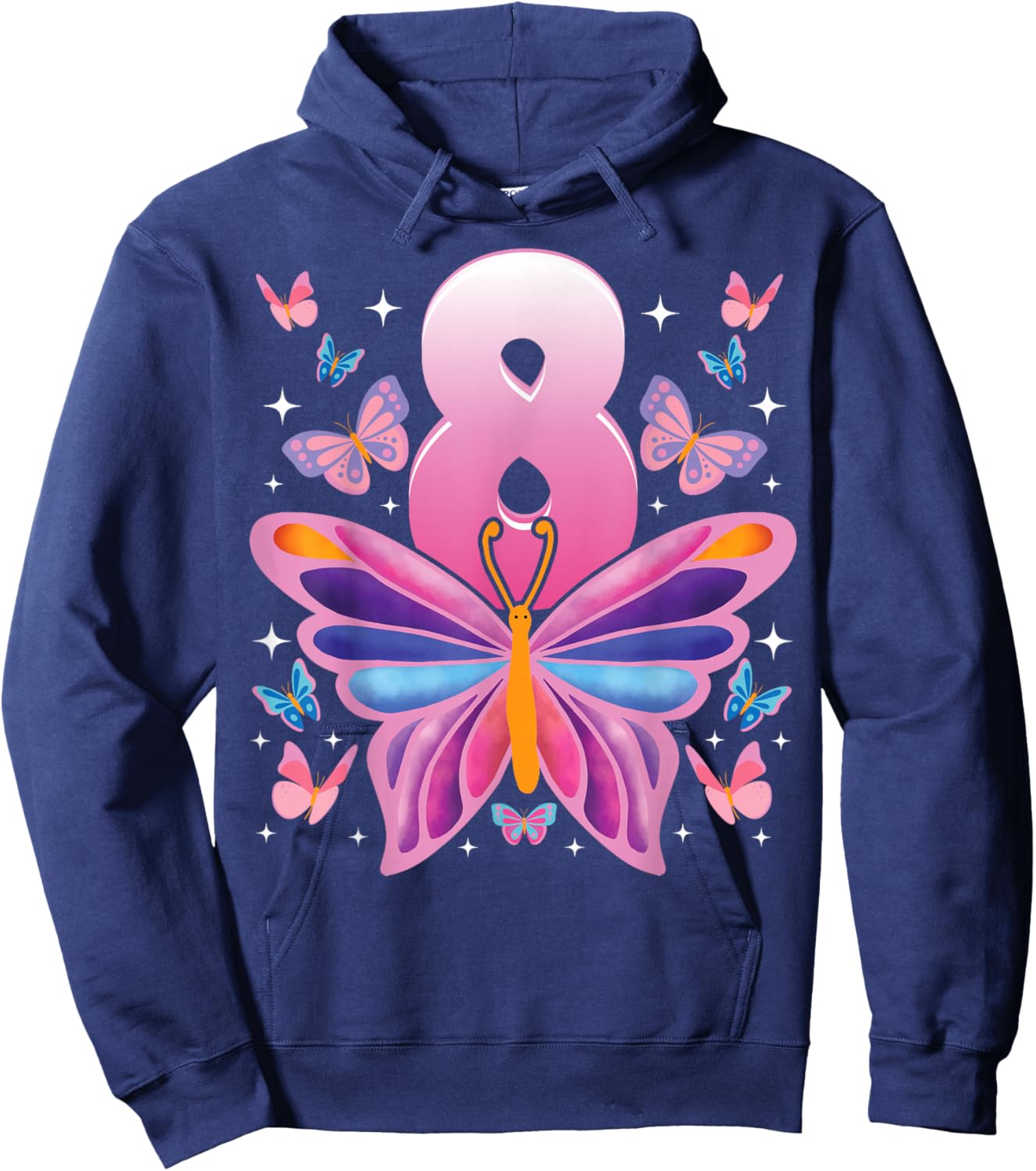 Kids 8 Years Old Cute Butterfly 8th Birthday Celebration Hoodie - Hoodie | Navy