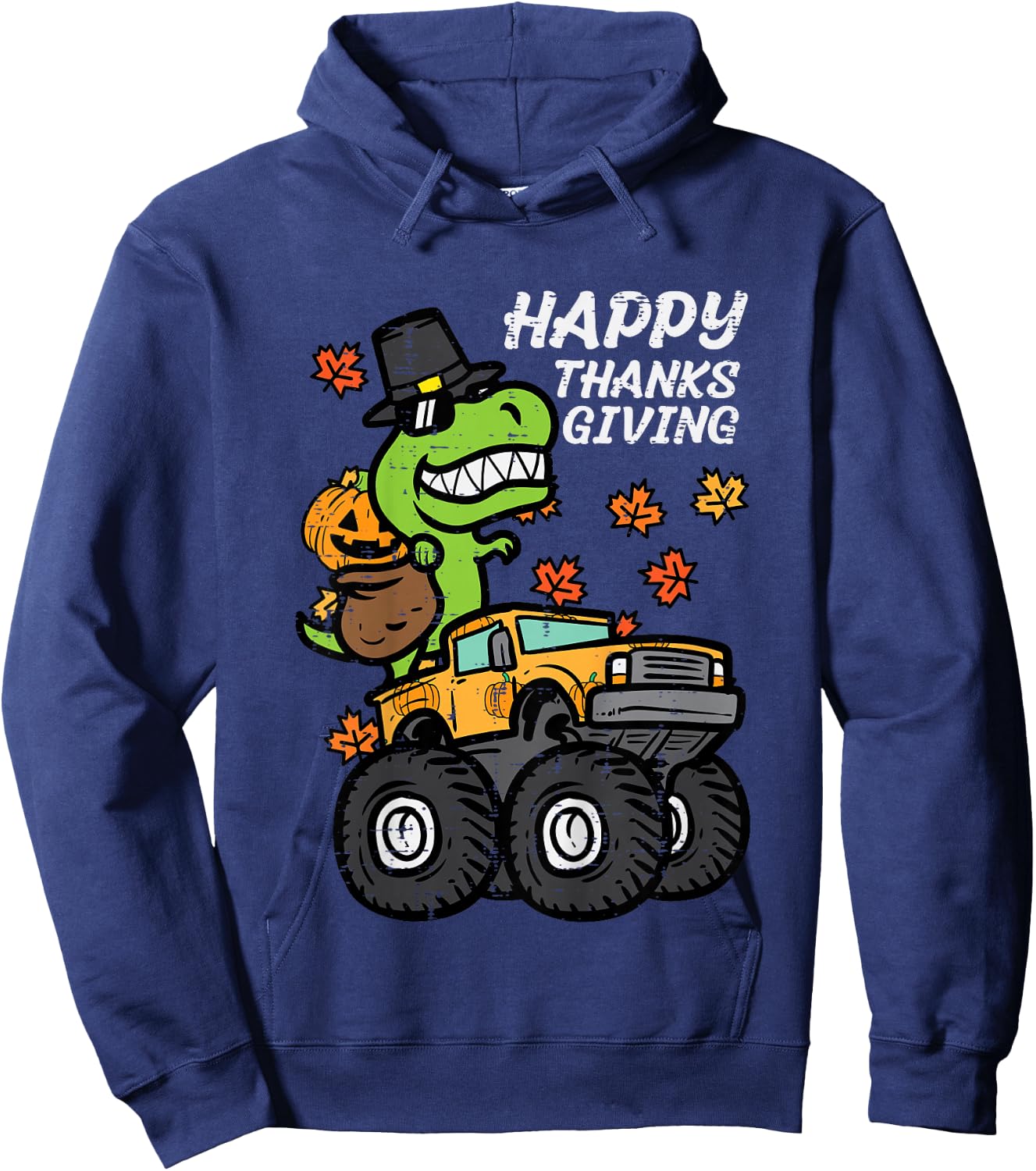 Kids Happy Thanksgiving Trex Monster Truck Fall Toddler Boys Kids Hoodie - Hoodie | Navy