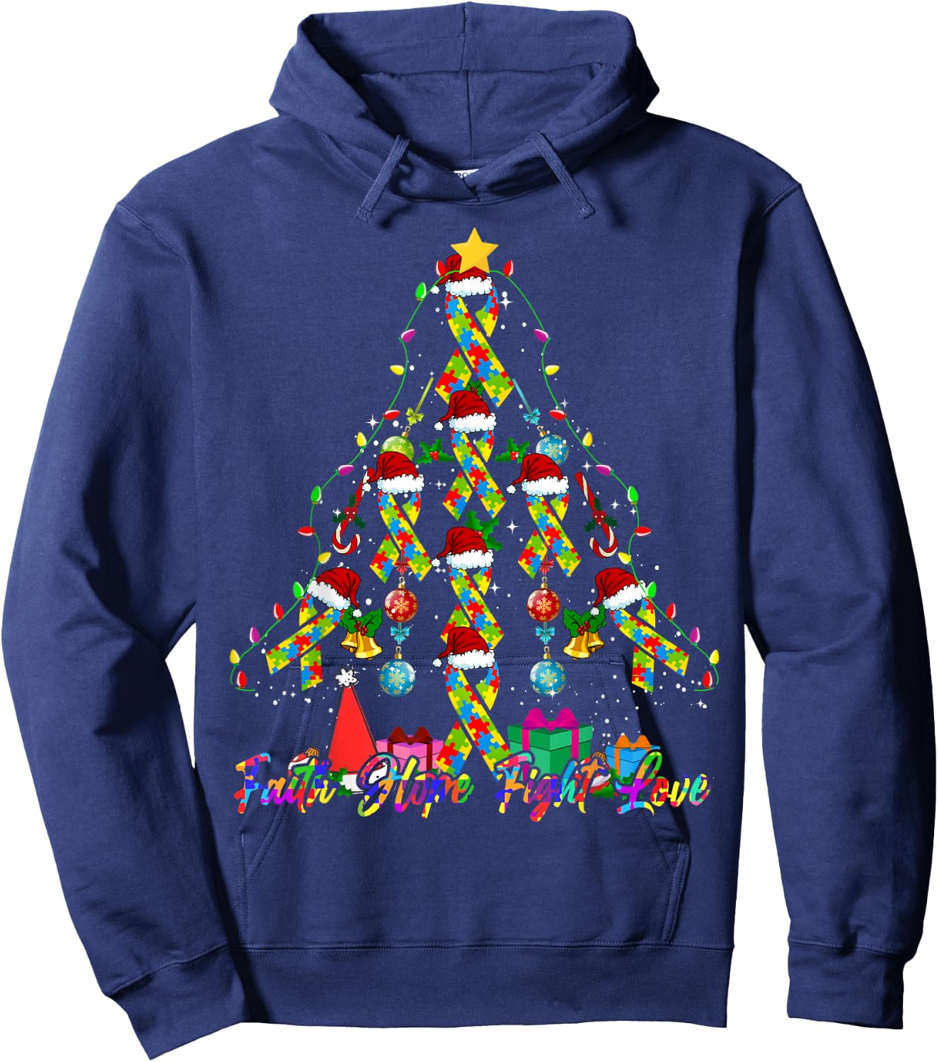 Santa Puzzle Ribbon Christmas Tree Autism Awareness Hoodie - Hoodie | Navy