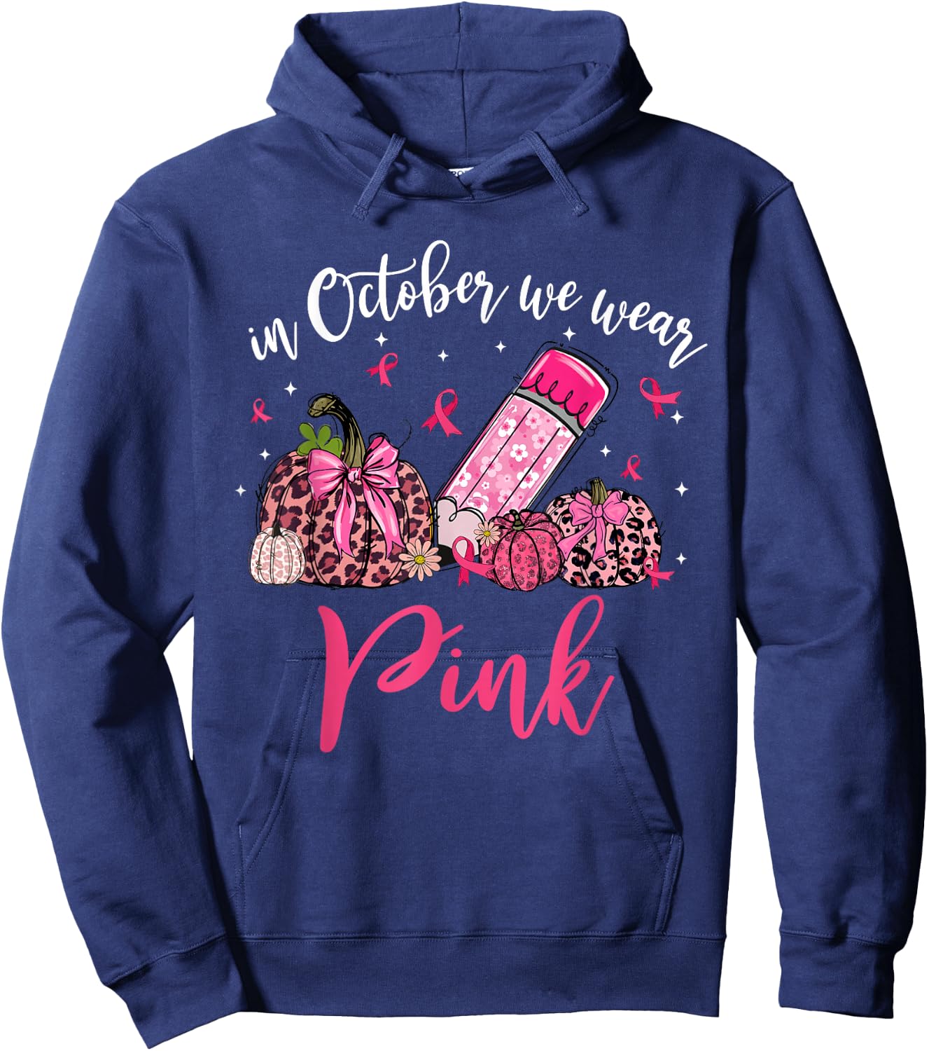 In October We Wear Pink Apple Teacher Daisy Breast Cancer Hoodie - Hoodie | Navy