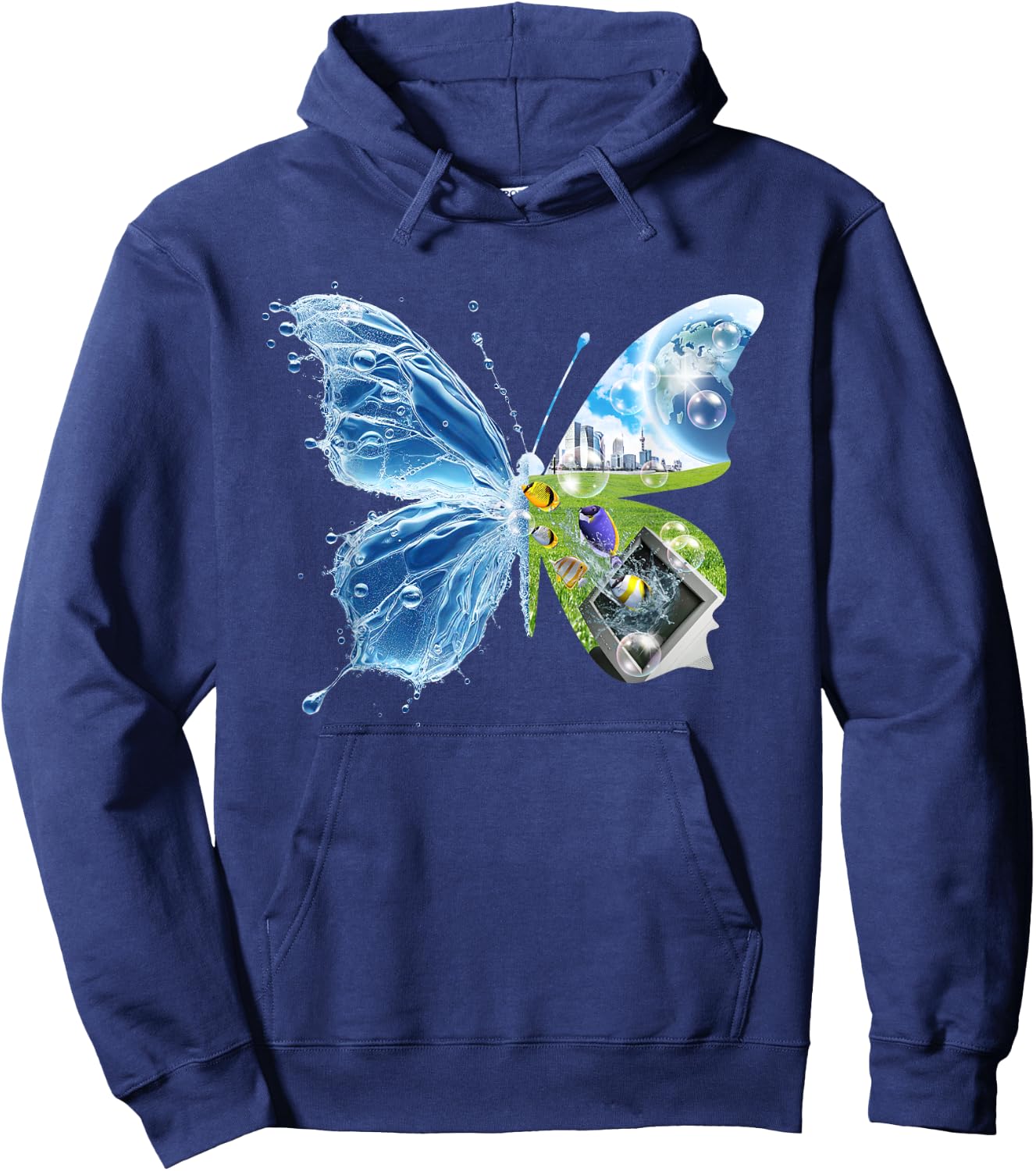 Frutiger Aero Aesthetic Butterfly Computer Fishes Scenery Hoodie - Hoodie | Navy
