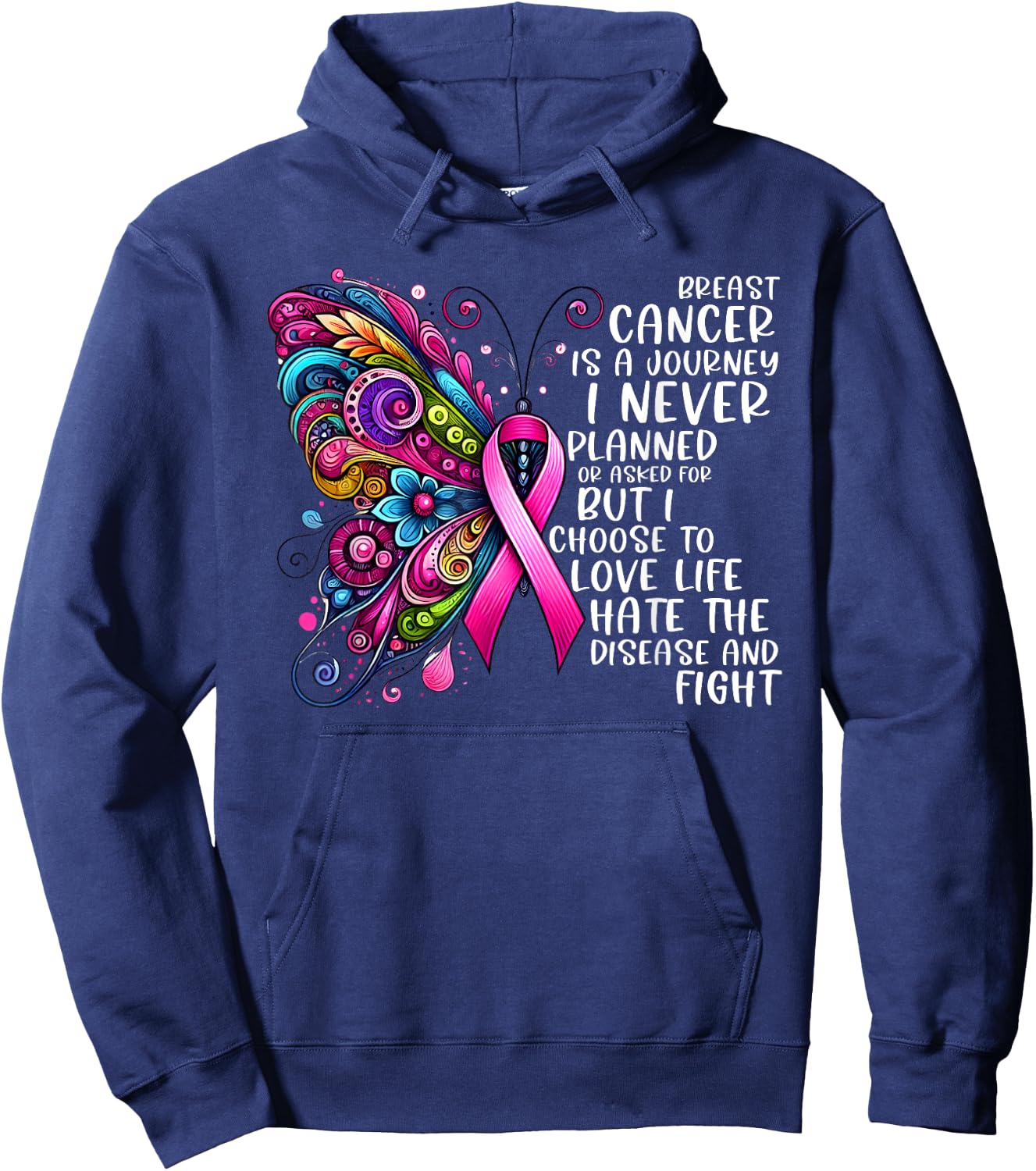 Support Fighter Warrior Pink Vibes Gifts Women Butterfly Breast Cancer Awareness Pink Ribbon Cancer Journey Hoodie - Hoodie | Navy