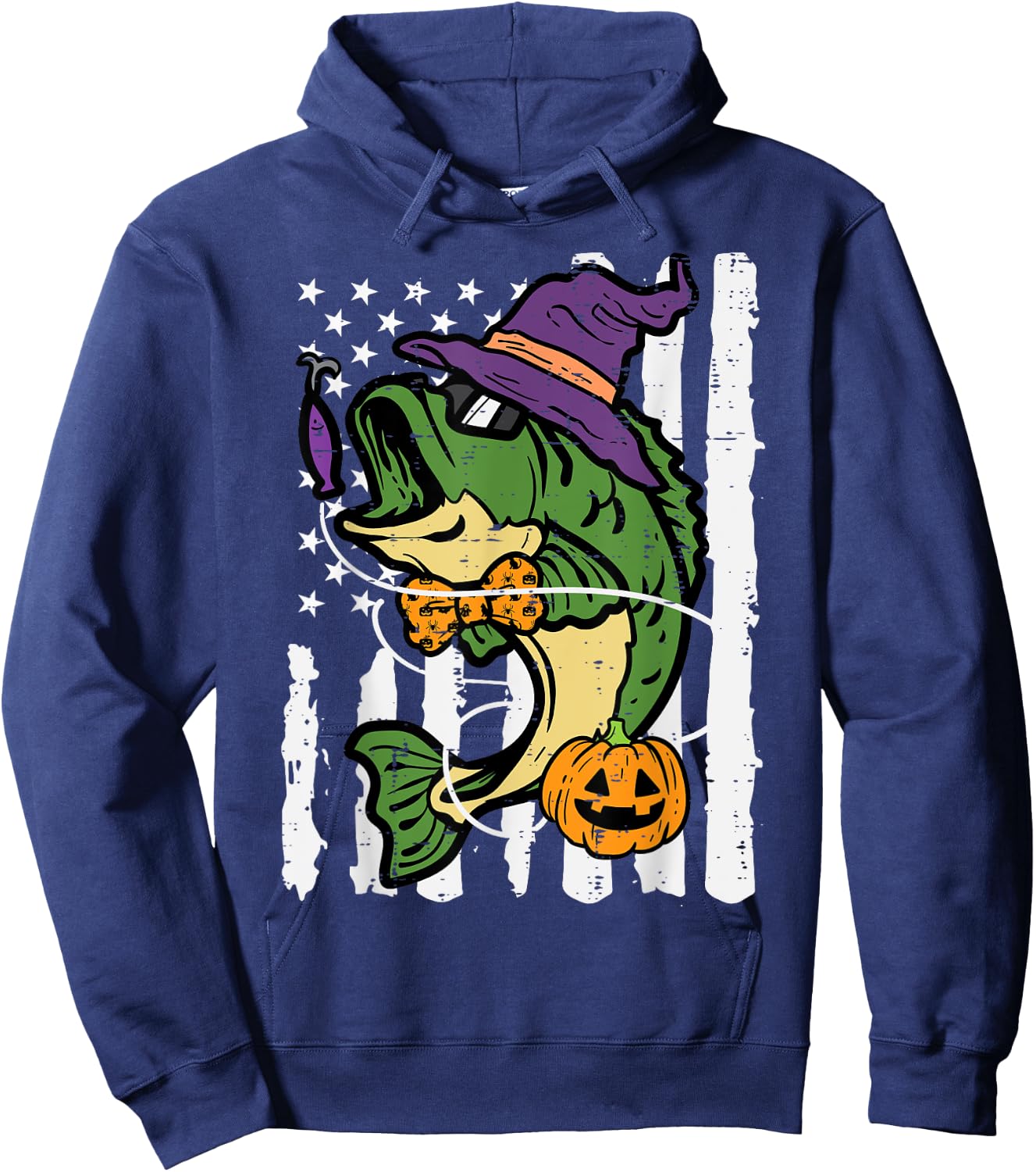 Halloween Bass Fish US Flag Costume Patriot Men Kids Women Hoodie - Hoodie | Navy