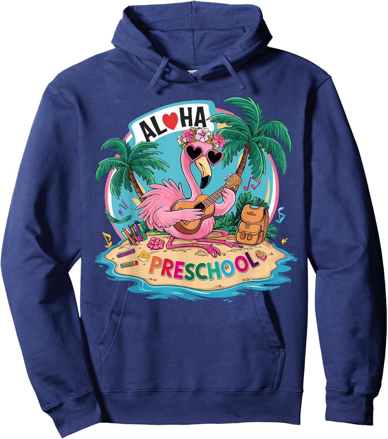 Aloha Preschool Flamingo Hawaii Back to School Kids Girl Hoodie - Hoodie | Navy