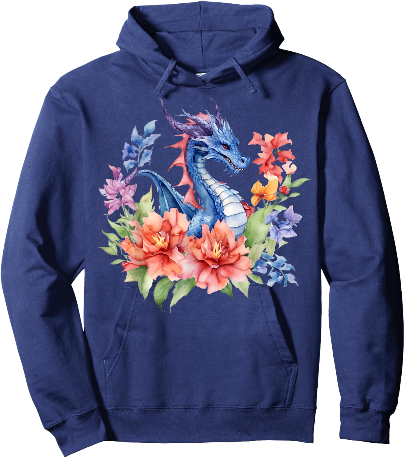 Watercolor Dragon Flowers Beautiful Art Colorful Graphic Hoodie - Hoodie | Navy