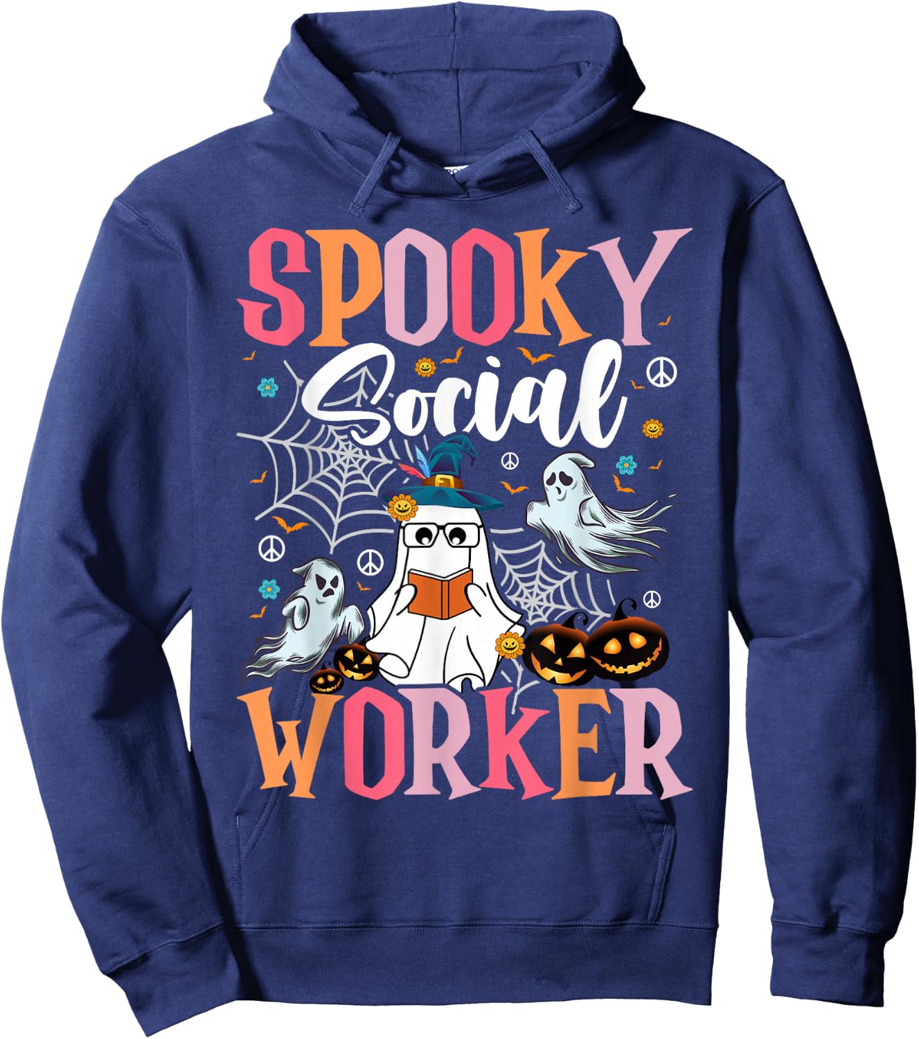 Groovy Retro Ghost Spooky Social Worker Halloween Costume Hoodie - Hoodie | Navy