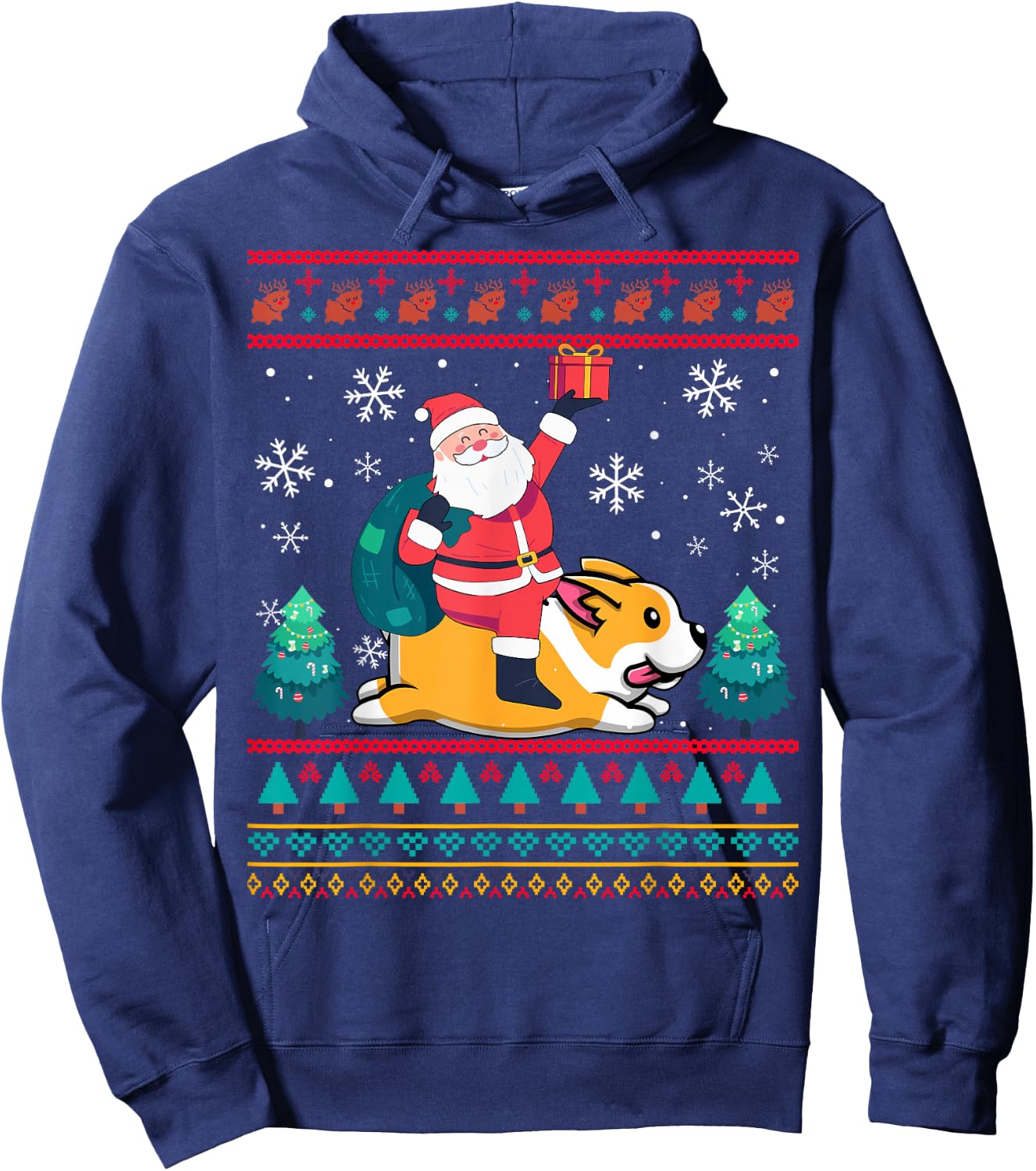 Xmas Sweater Ugly Santa Riding Corgi Dog Christmas Women Kids Hoodie - Hoodie | Navy